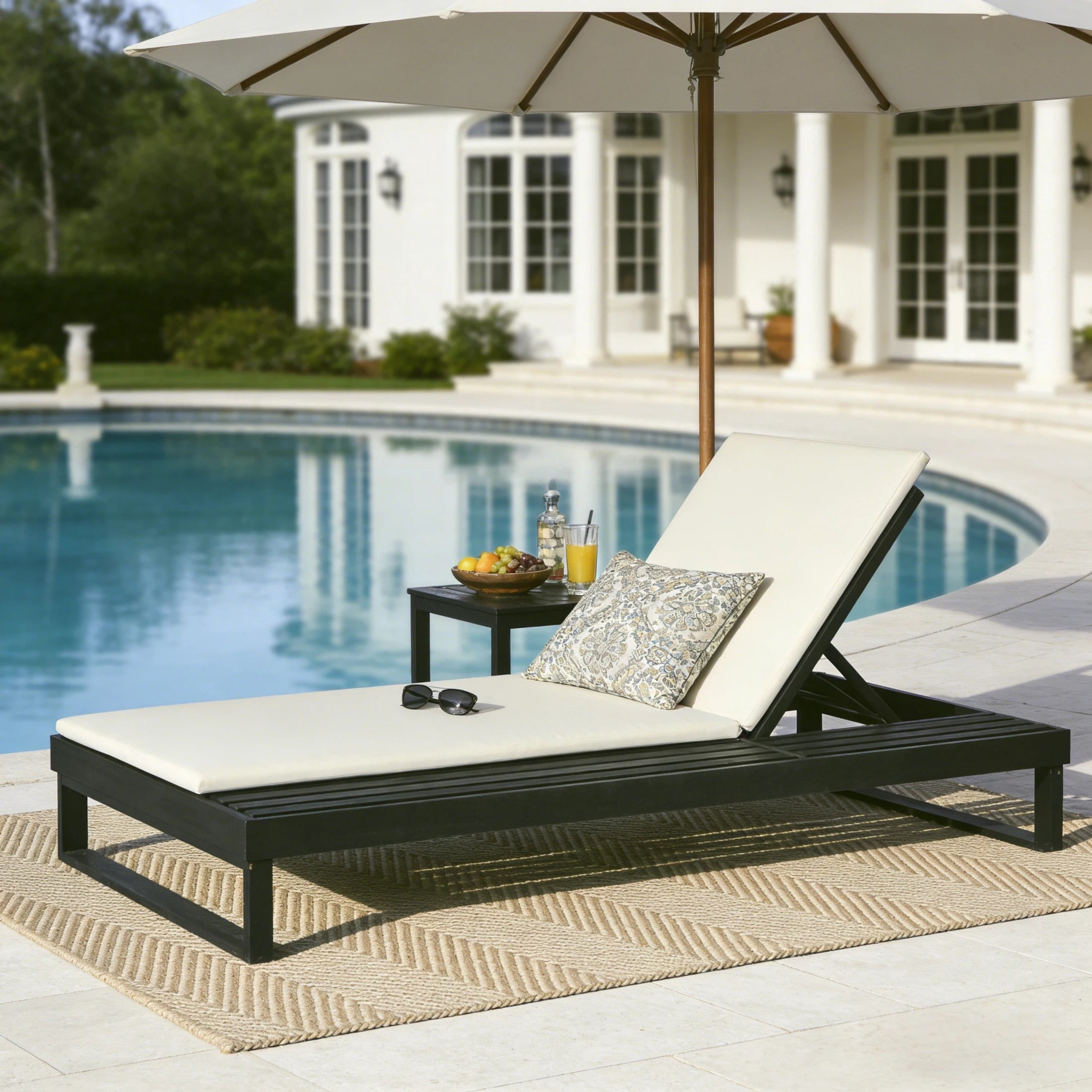 Christopher Knight Home Acacia Wood Chaise Lounge with 1.57" Cushion, Adjustable Recliner, Black + Cream