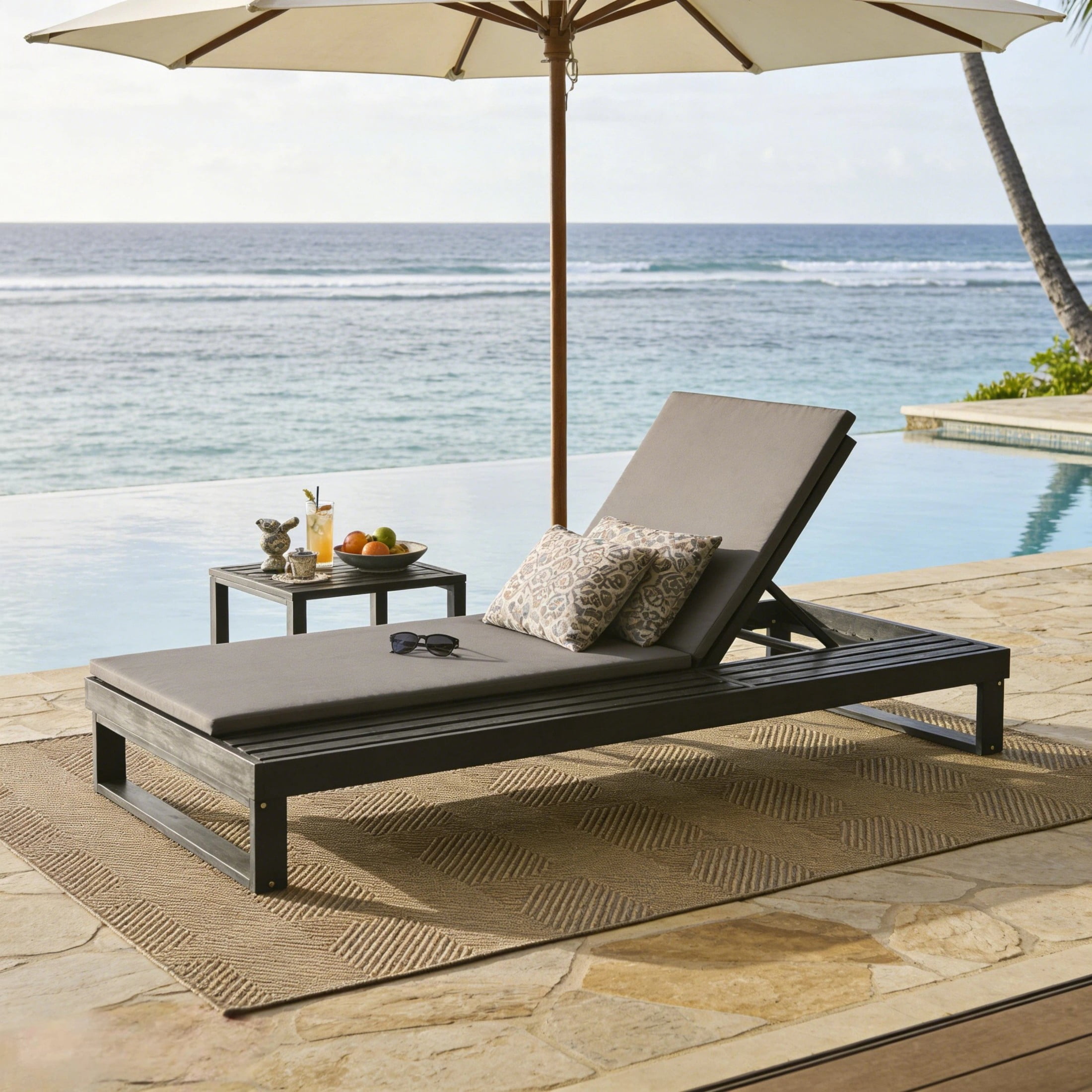 Christopher Knight Home Acacia Wood Chaise Lounge with 1.57" Cushion, Adjustable Recliner, Black + Dark Gray