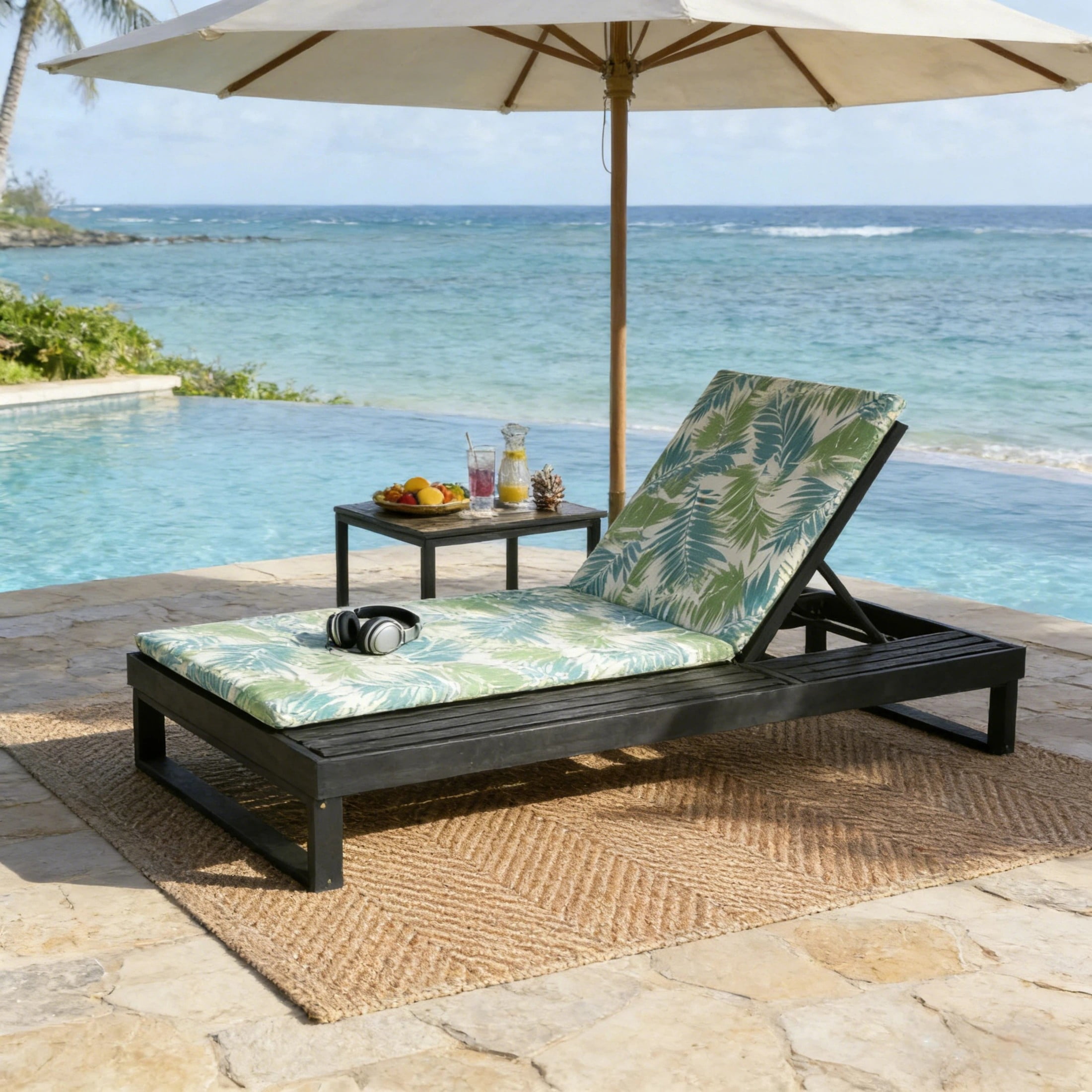 Christopher Knight Home Acacia Wood Chaise Lounge with 1.57" Cushion, Adjustable Recliner, Black + Green Leaf
