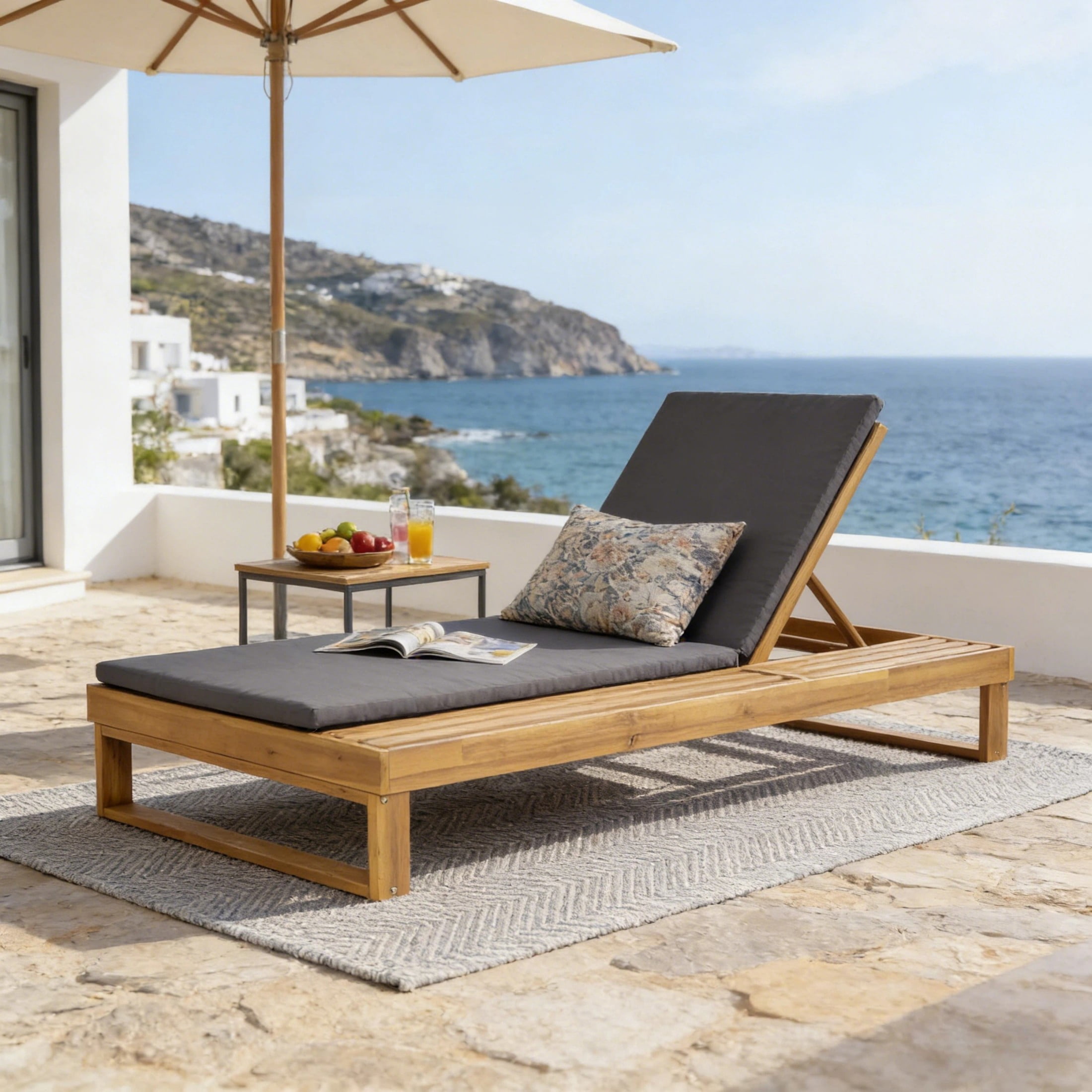 Christopher Knight Home Acacia Wood Chaise Lounge with 1.57" Cushion, Adjustable Recliner, Teak + Dark Gray