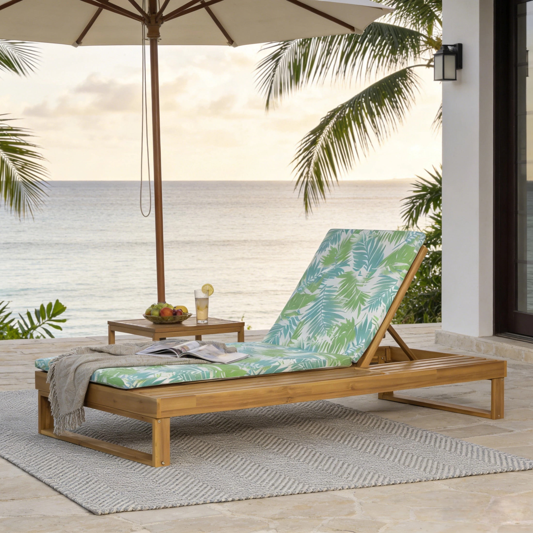 Christopher Knight Home Acacia Wood Chaise Lounge with 1.57" Cushion, Adjustable Recliner, Teak + Green Leaf