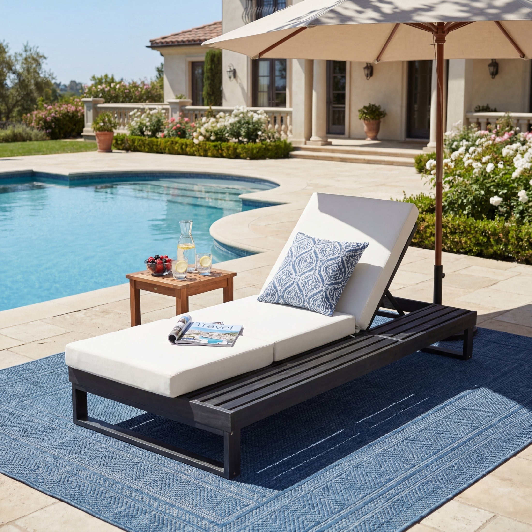 Christopher Knight Home Acacia Wood Chaise Lounge with 3-Fold Cushion, Adjustable Recliner, Black + Cream