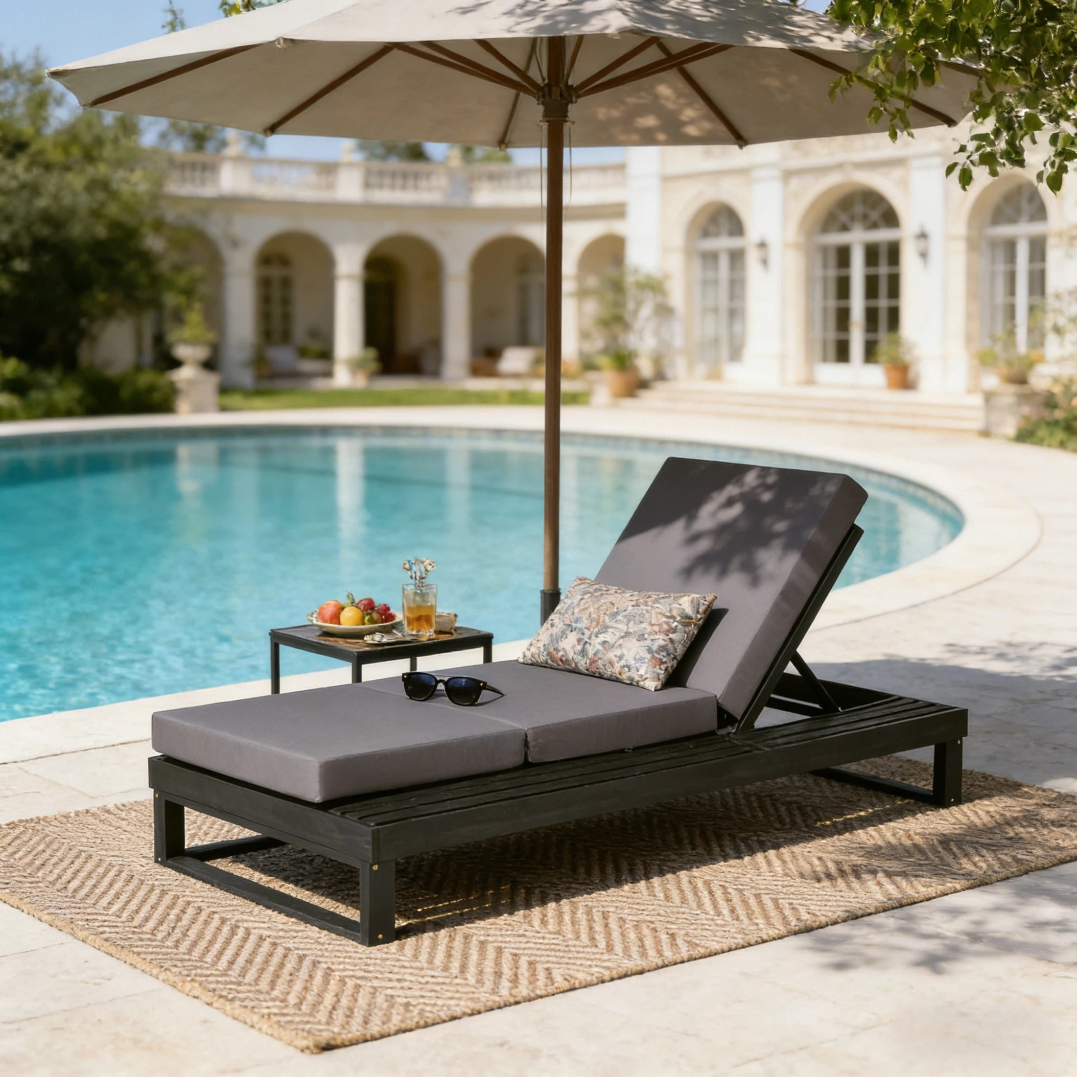 Christopher Knight Home Acacia Wood Chaise Lounge with 3-Fold Cushion, Adjustable Recliner, Black + Dark Gray