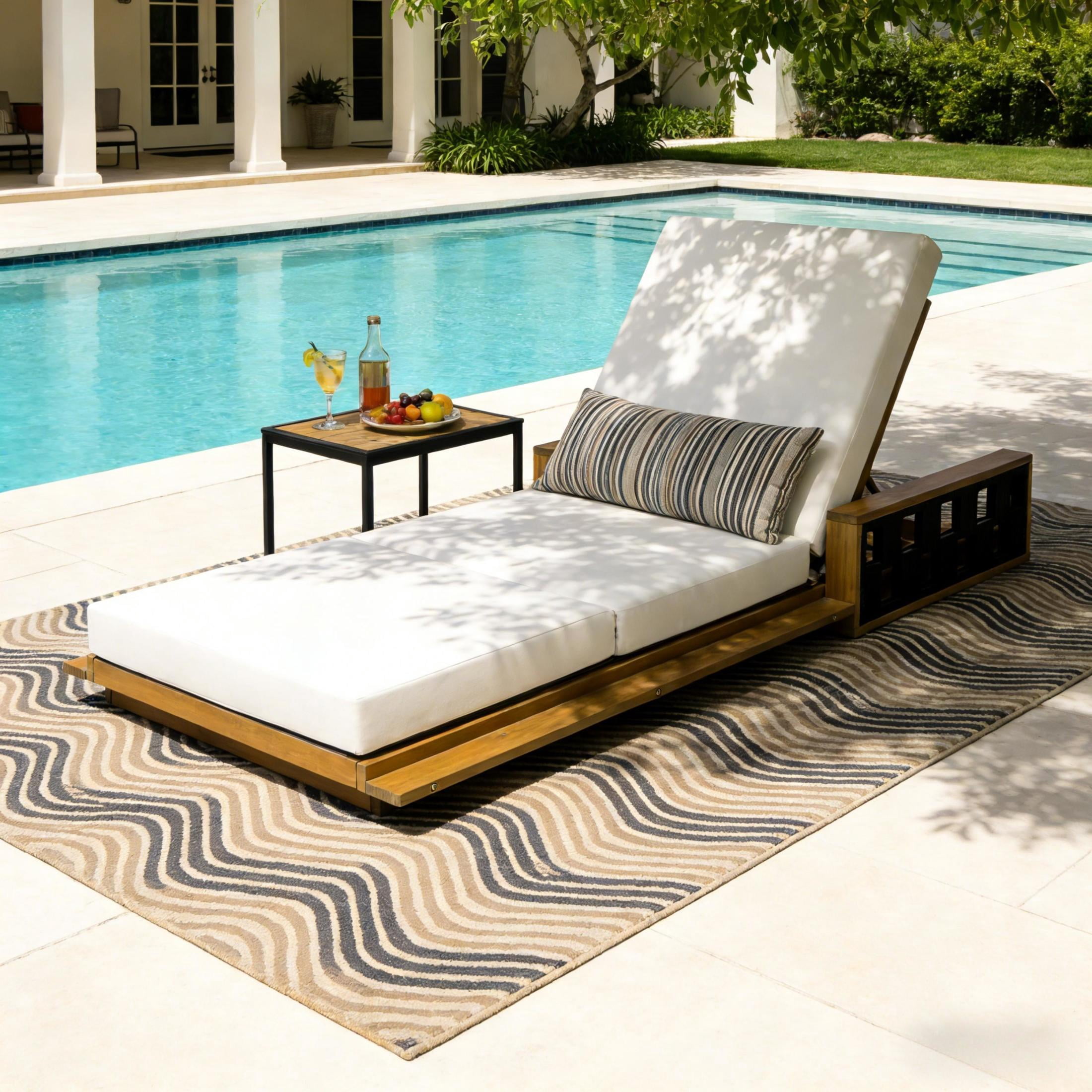 Christopher Knight Home Acacia Wood Chaise Lounge with 3-Fold Cushion, Adjustable Recliner, Teak + Cream