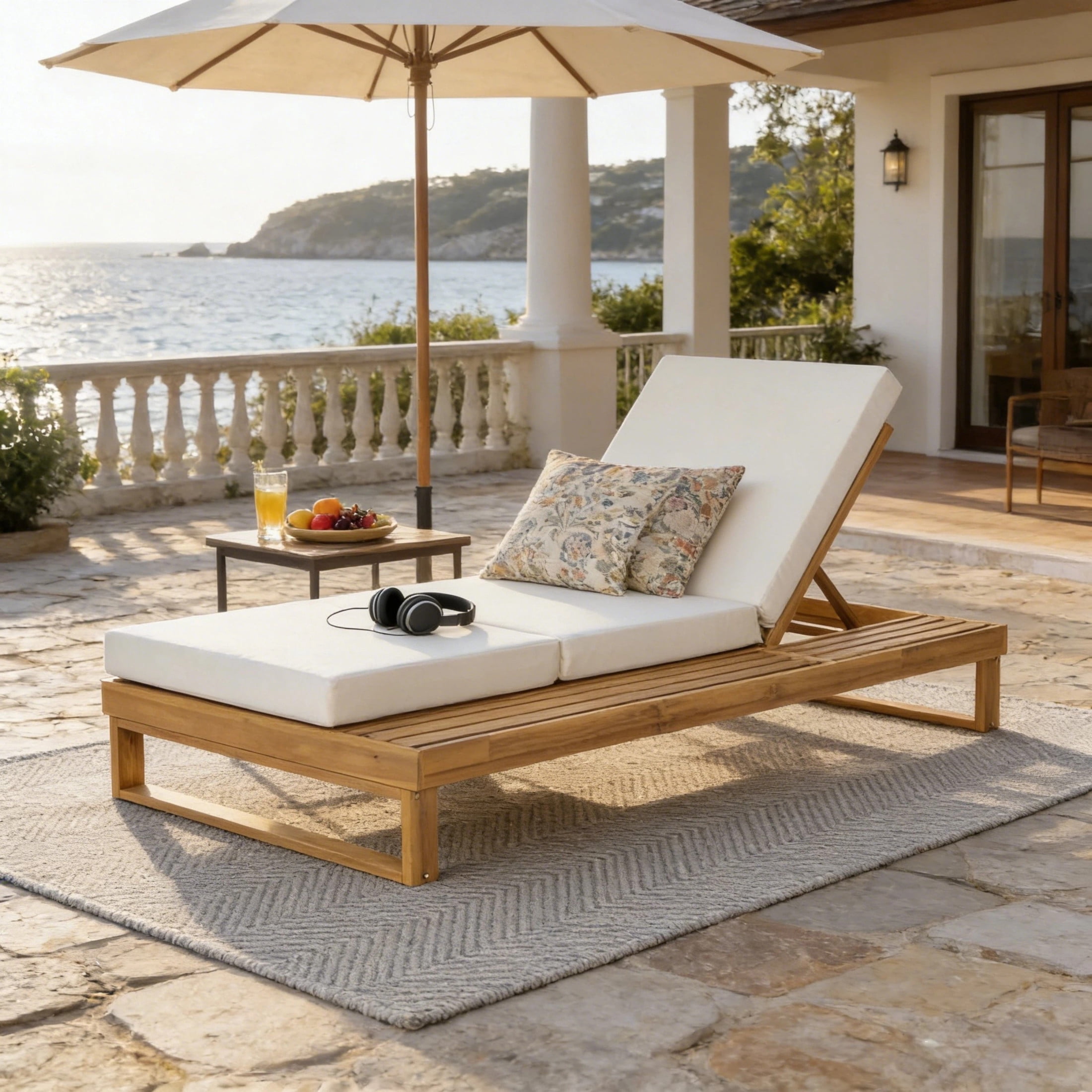 Christopher Knight Home Acacia Wood Chaise Lounge with 3-Fold Cushion, Adjustable Recliner, Teak + Cream
