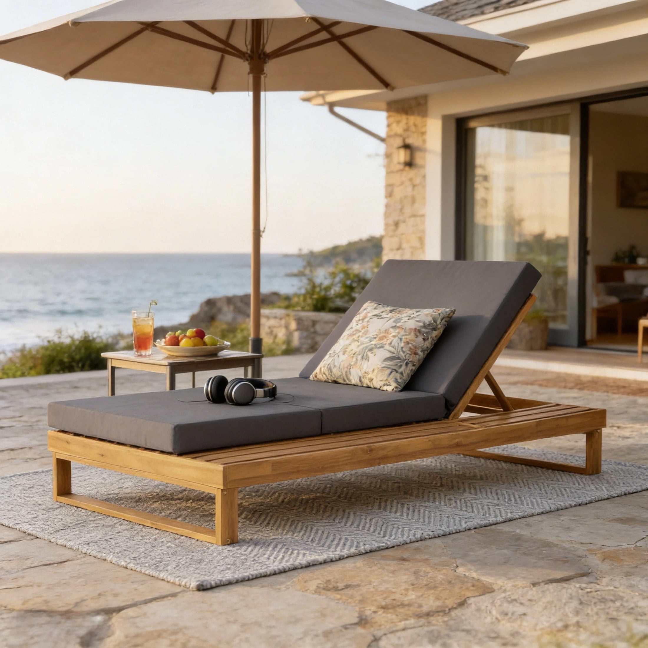 Christopher Knight Home Acacia Wood Chaise Lounge with 3-Fold Cushion, Adjustable Recliner, Teak + Dark Gray
