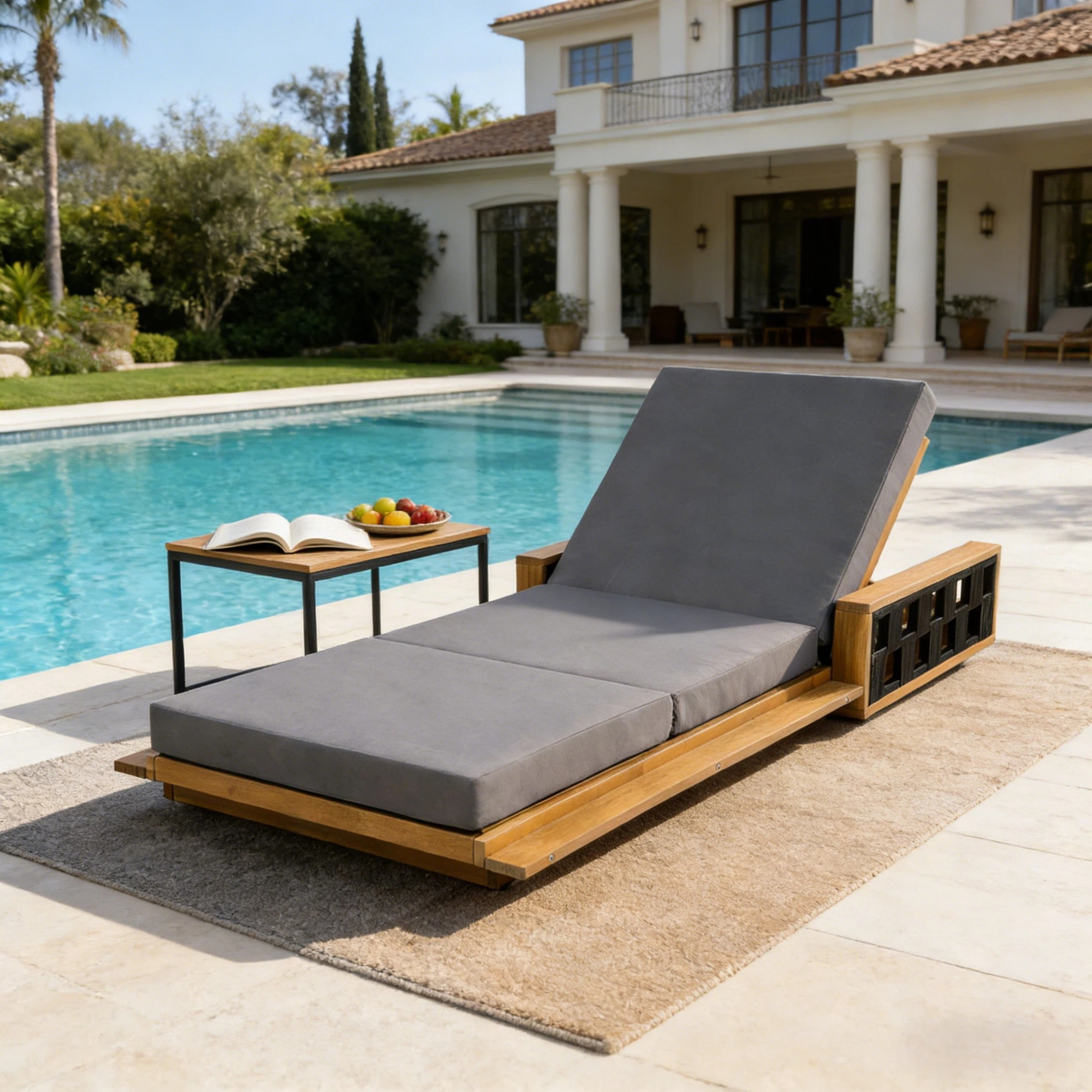Christopher Knight Home Acacia Wood Chaise Lounge with 3-Fold Cushion, Adjustable Recliner, Teak + Dark Gray