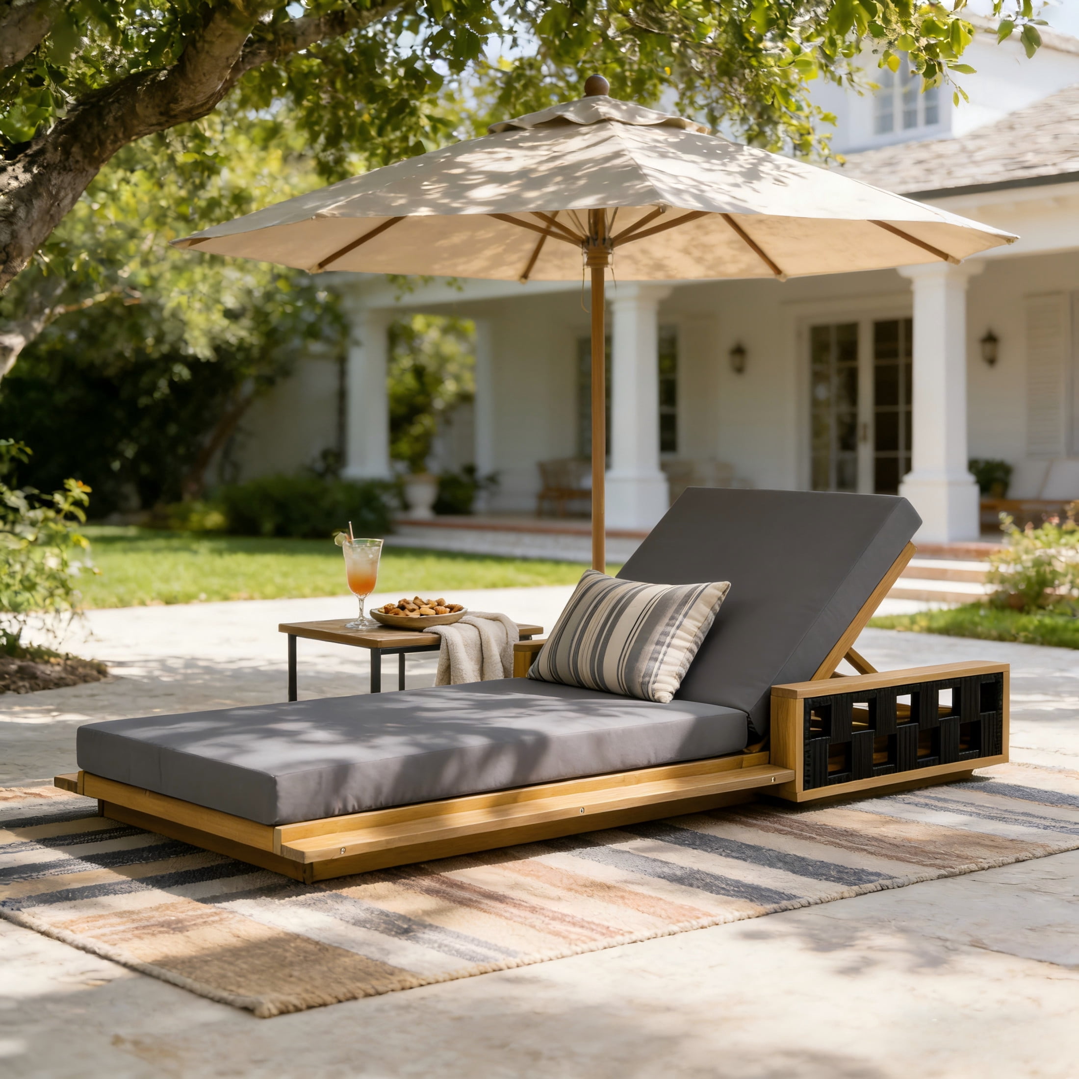 Christopher Knight Home Acacia Wood Chaise Lounge with 4" Cushion, Adjustable Recliner, Teak + Dark Gray