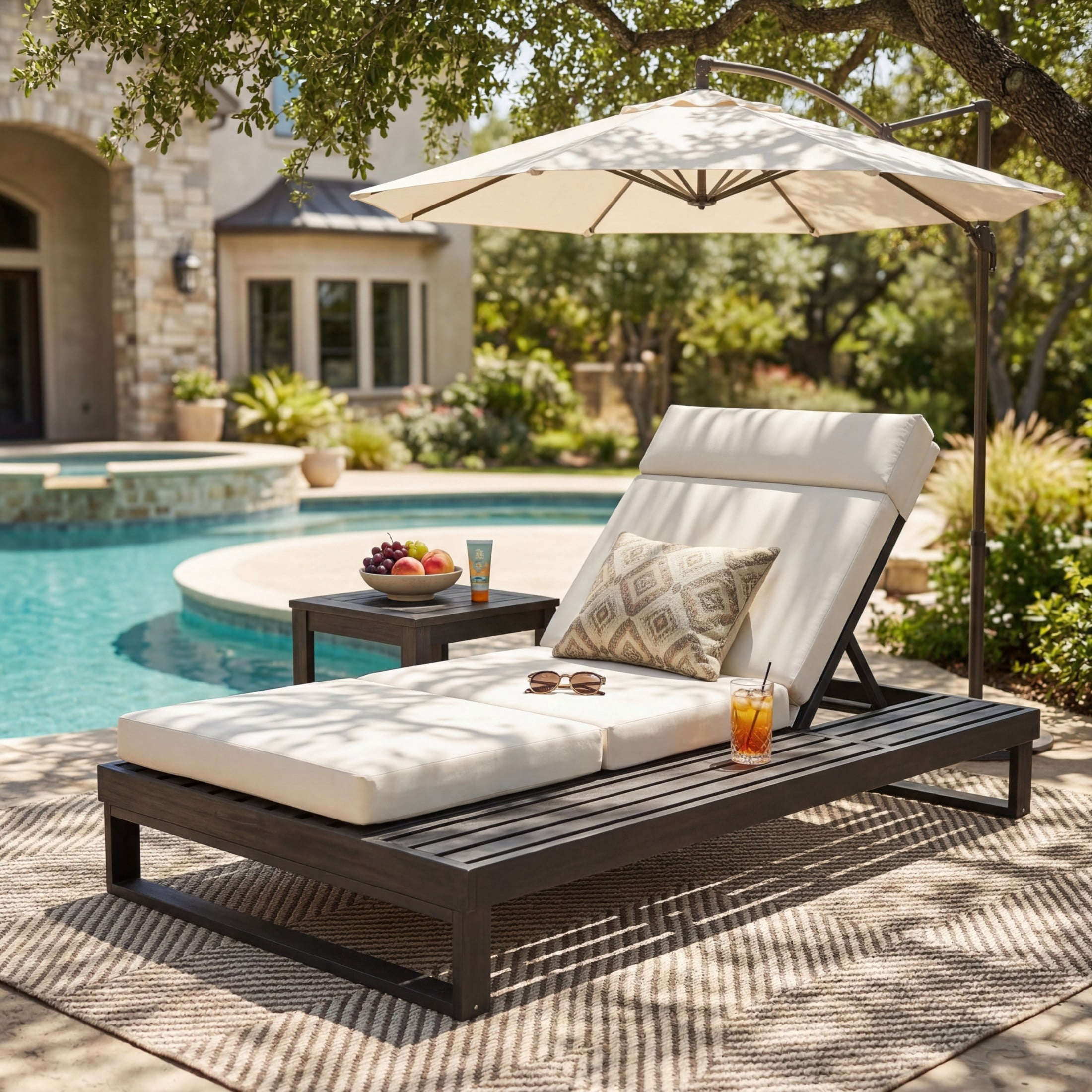Christopher Knight Home Acacia Wood Chaise Lounge with 4-Fold Cushion, Adjustable Recliner, Black + Beige