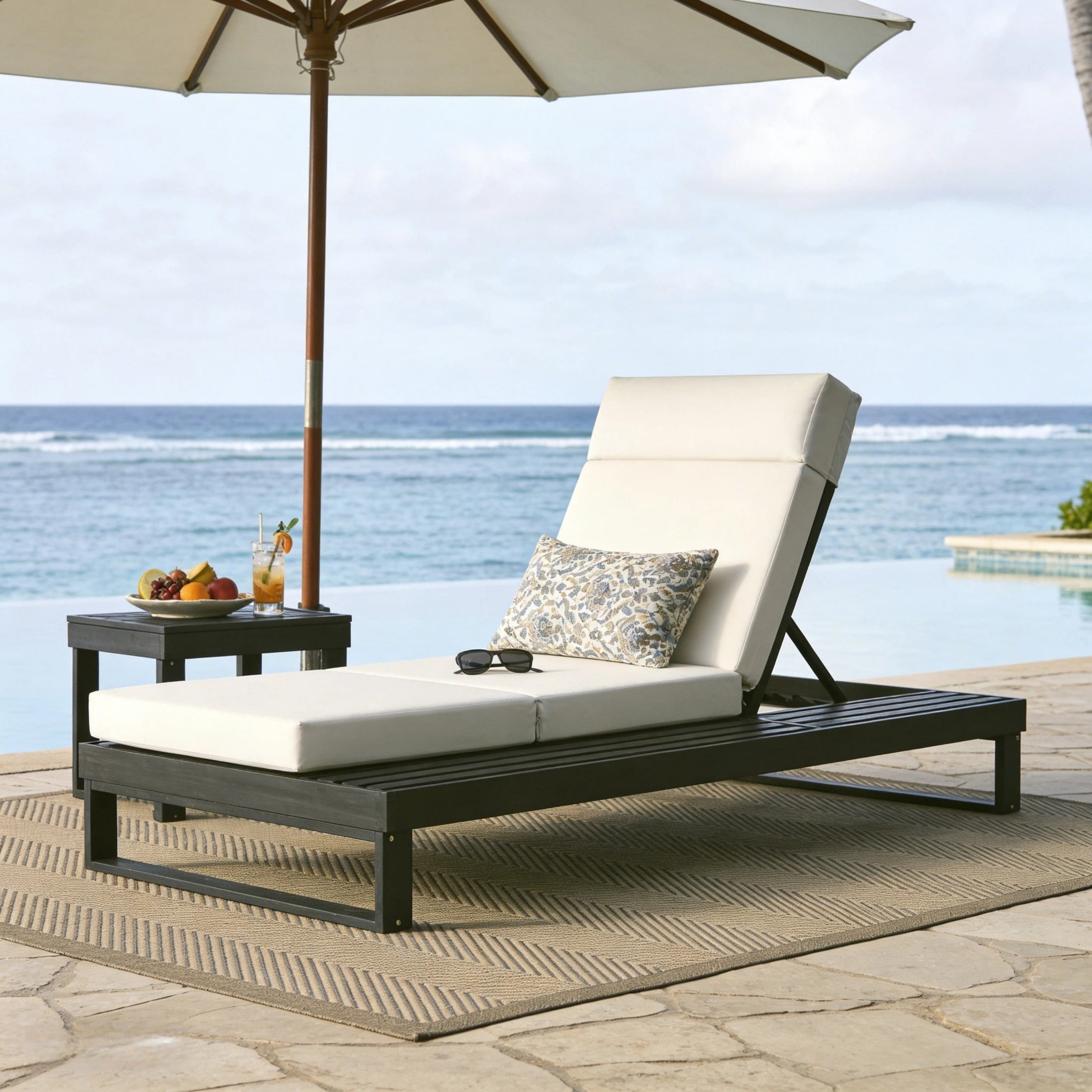 Christopher Knight Home Acacia Wood Chaise Lounge with 4-Fold Cushion, Adjustable Recliner, Black + Cream
