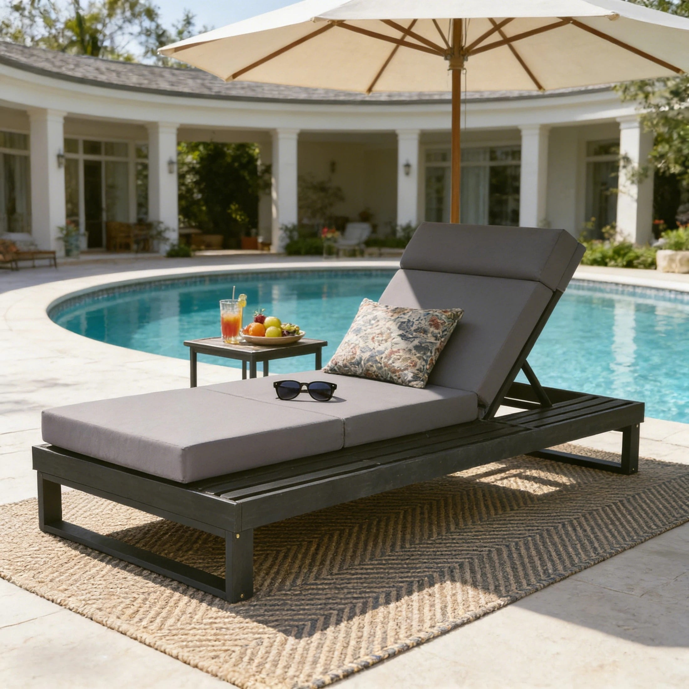 Christopher Knight Home Acacia Wood Chaise Lounge with 4-Fold Cushion, Adjustable Recliner, Black + Dark Gray