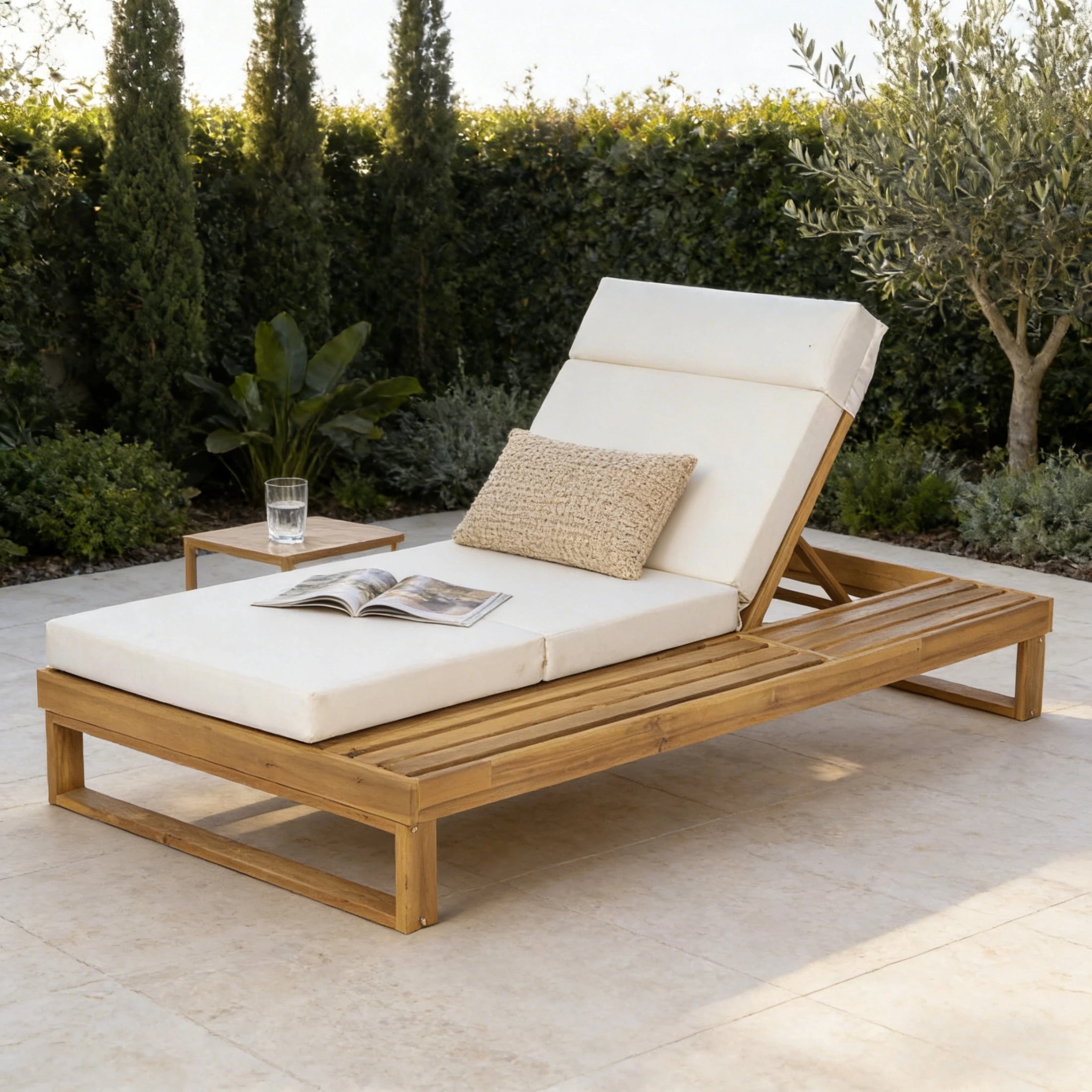 Christopher Knight Home Acacia Wood Chaise Lounge with 4-Fold Cushion, Adjustable Recliner, Teak + Beige