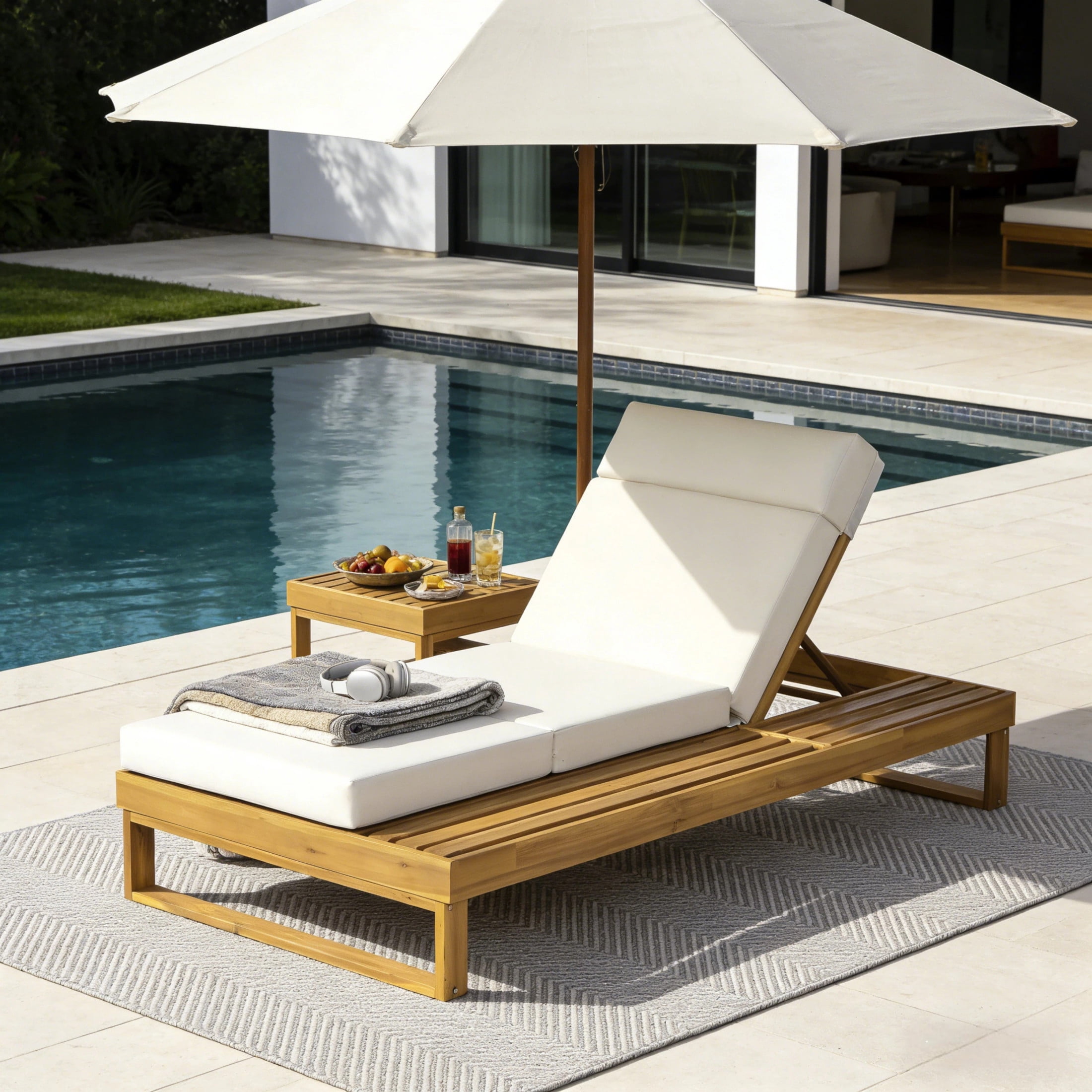 Christopher Knight Home Acacia Wood Chaise Lounge with 4-Fold Cushion, Adjustable Recliner, Teak + Cream