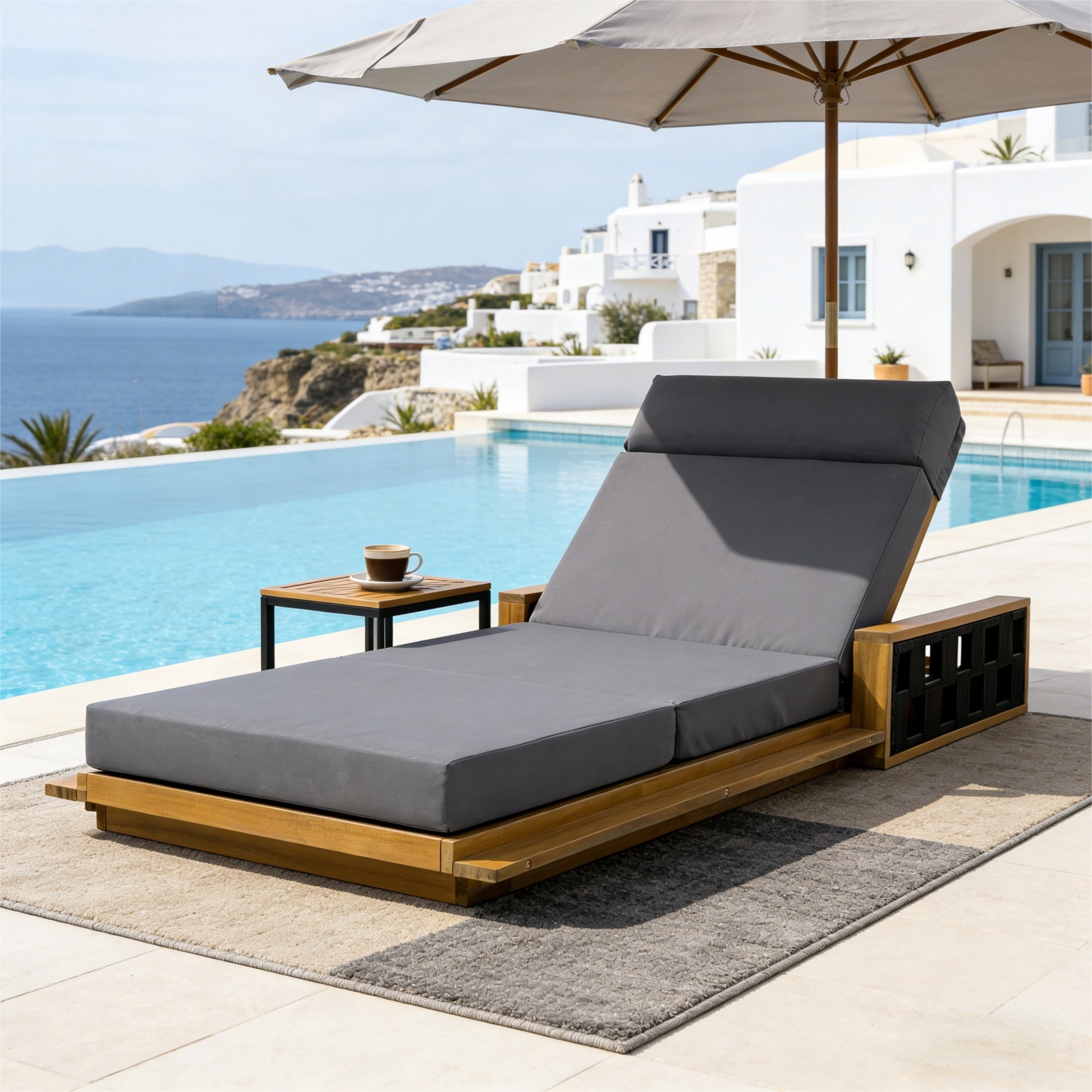 Christopher Knight Home Acacia Wood Chaise Lounge with 4-Fold Cushion, Adjustable Recliner, Teak + Dark Gray