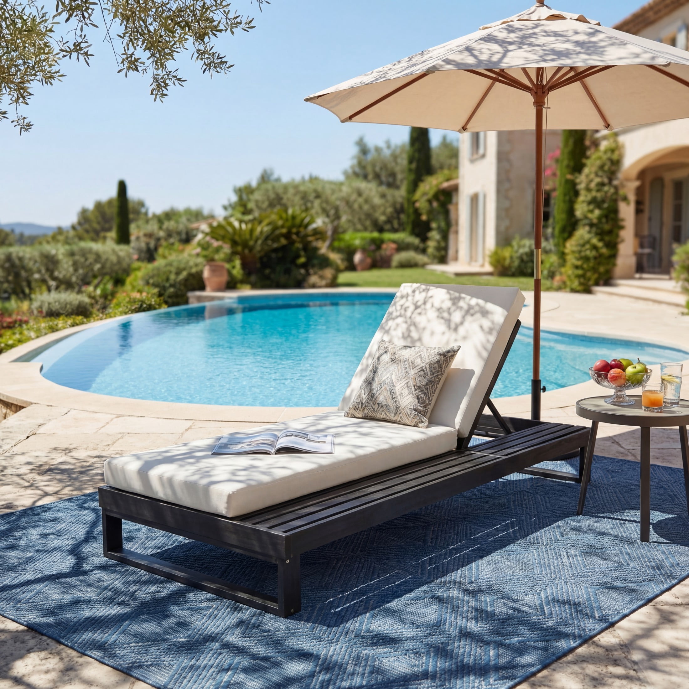 Christopher Knight Home Acacia Wood Chaise Lounge with Cushion, Adjustable Recliner, Black + Cream
