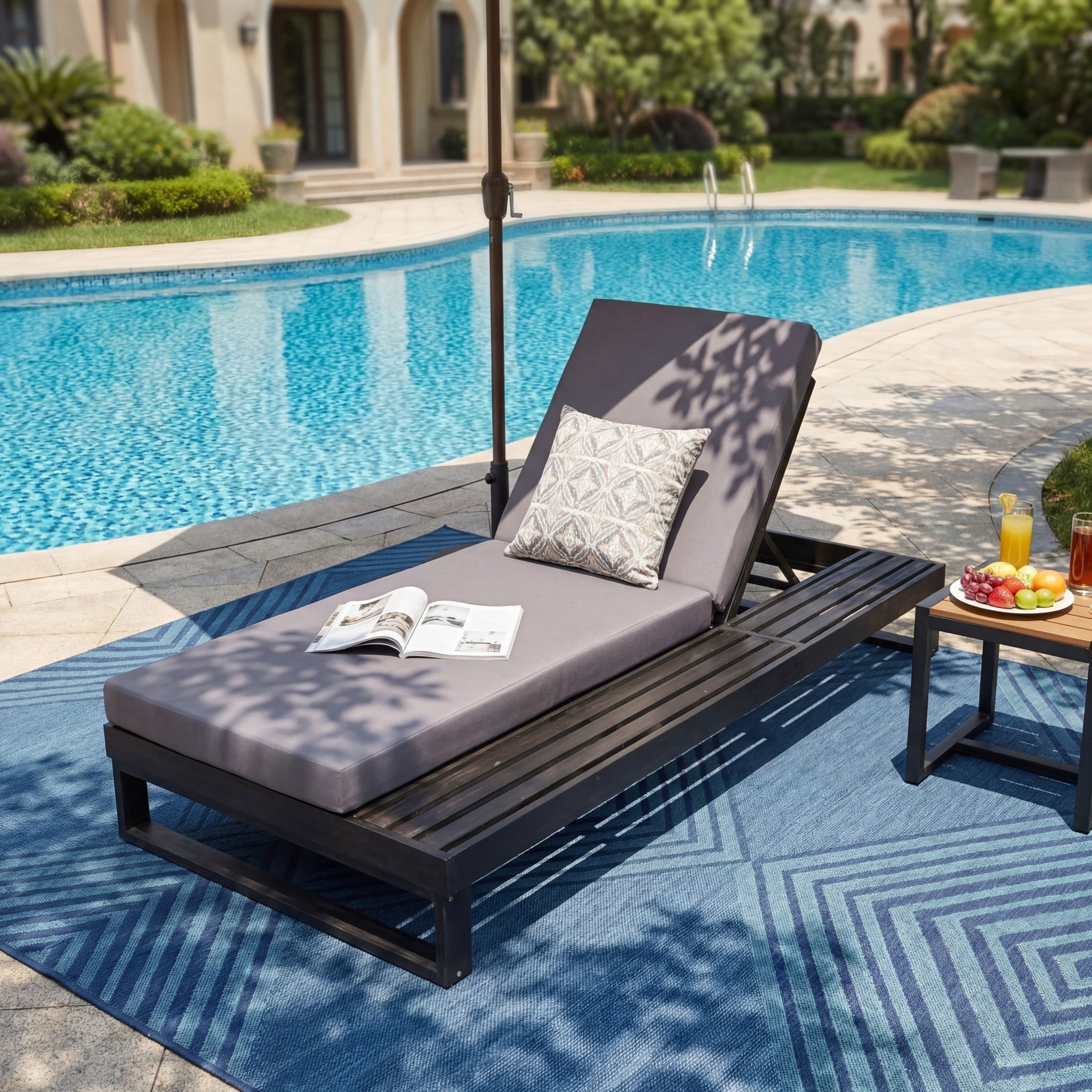 Christopher Knight Home Acacia Wood Chaise Lounge with Cushion, Adjustable Recliner, Black + Dark Gray