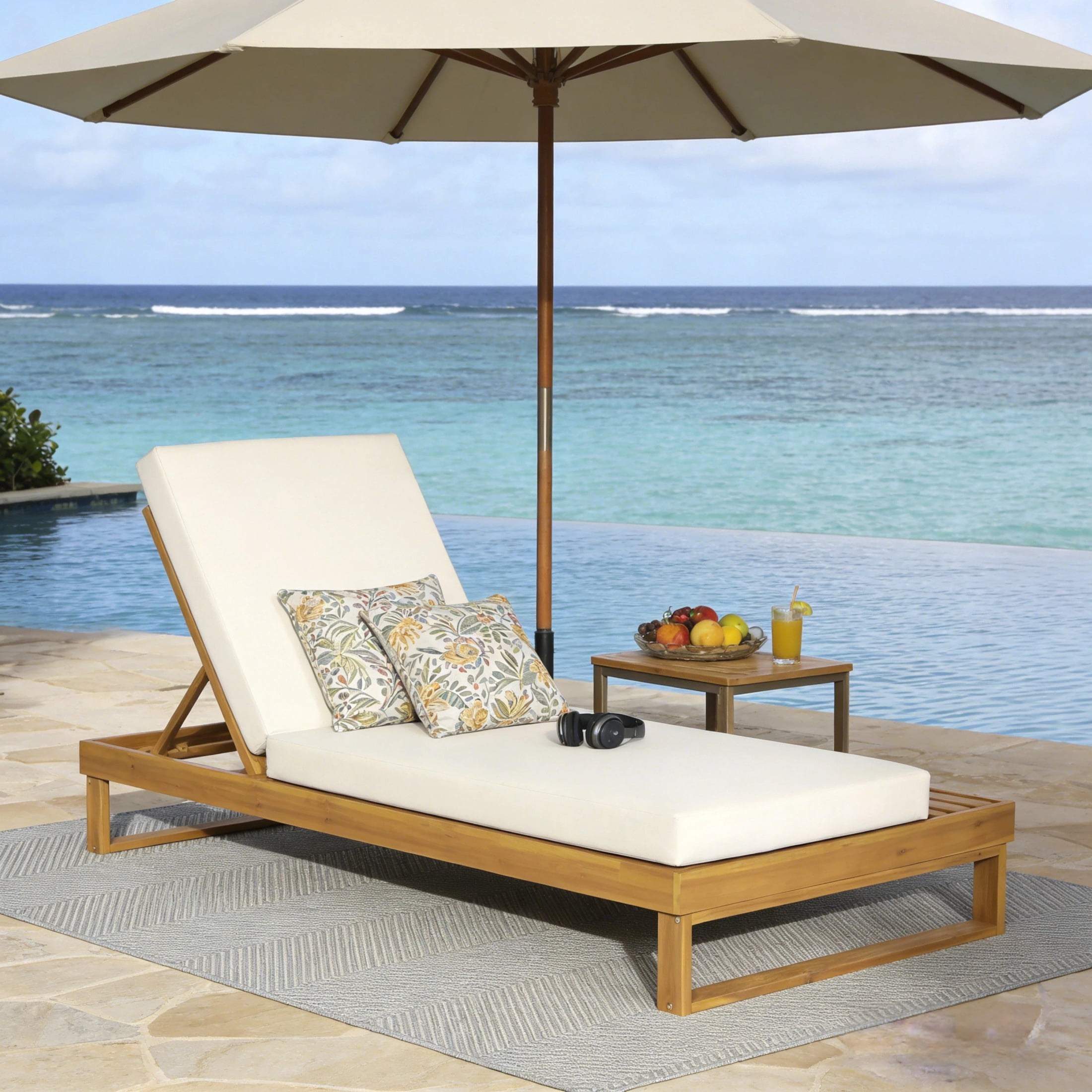 Christopher Knight Home Acacia Wood Chaise Lounge with Cushion, Adjustable Recliner, Teak + Cream