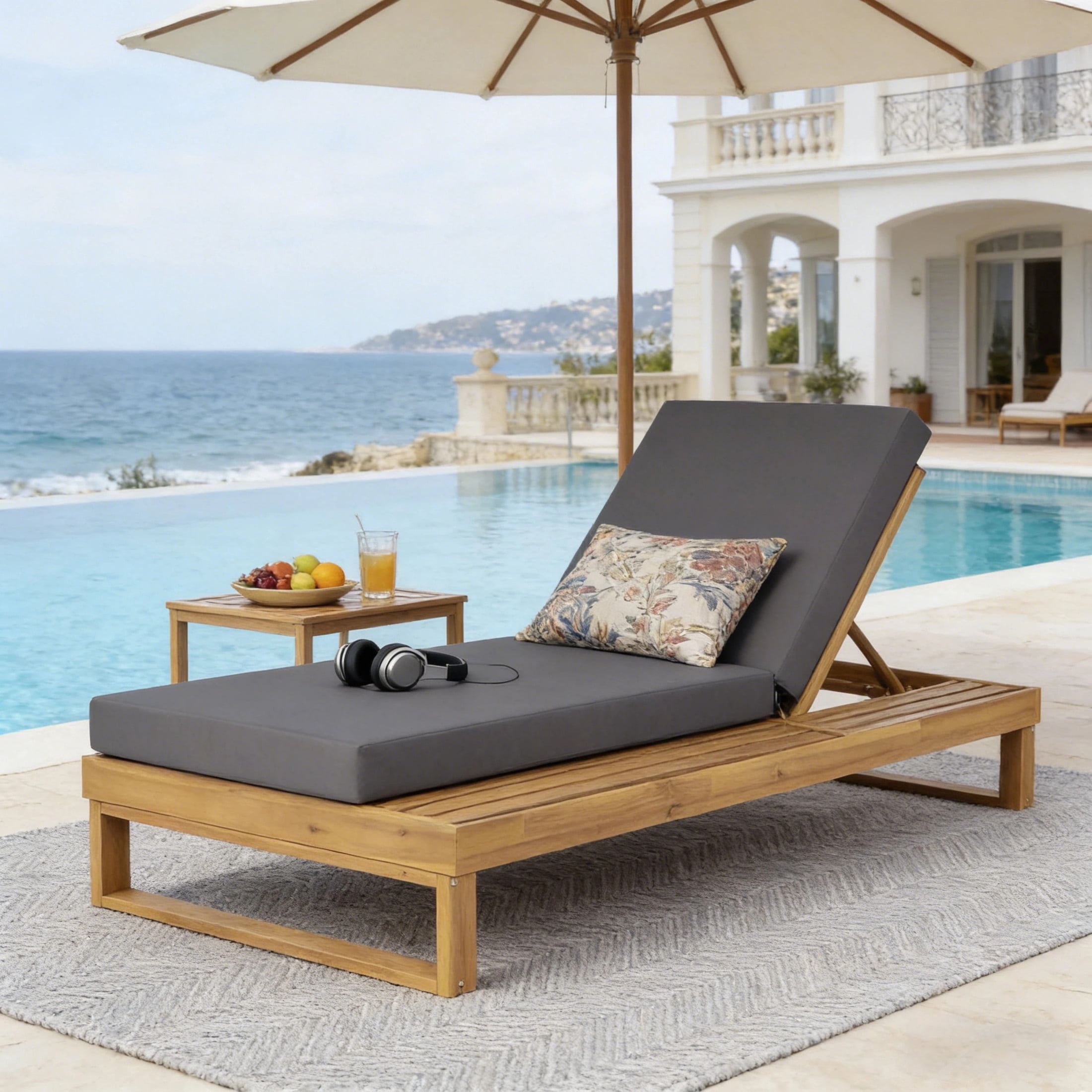 Christopher Knight Home Acacia Wood Chaise Lounge with Cushion, Adjustable Recliner, Teak + Dark Gray