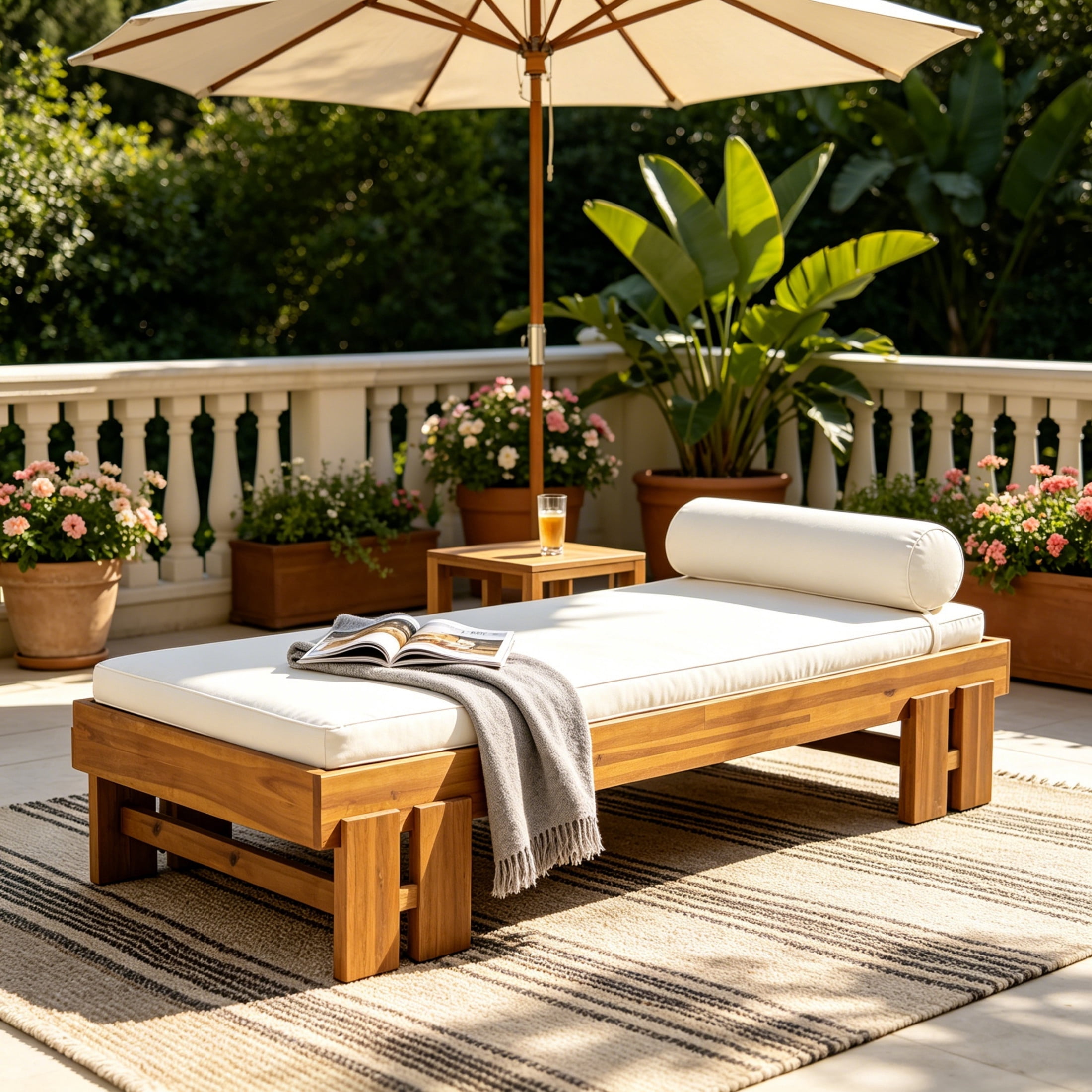 Christopher Knight Home Acacia Wood Daybed with Cushion & Pillow, Indoor Outdoor Lounge, Teak+Cream