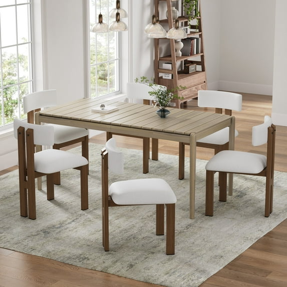 Christopher Knight Home Acacia Wood Dining Table Set for 6, includes 1 Acacia Wood Frame Table and 6 lightweight Upholstered Chairs, Mid-Century Modern Design Perfect for Dining Room, Brown