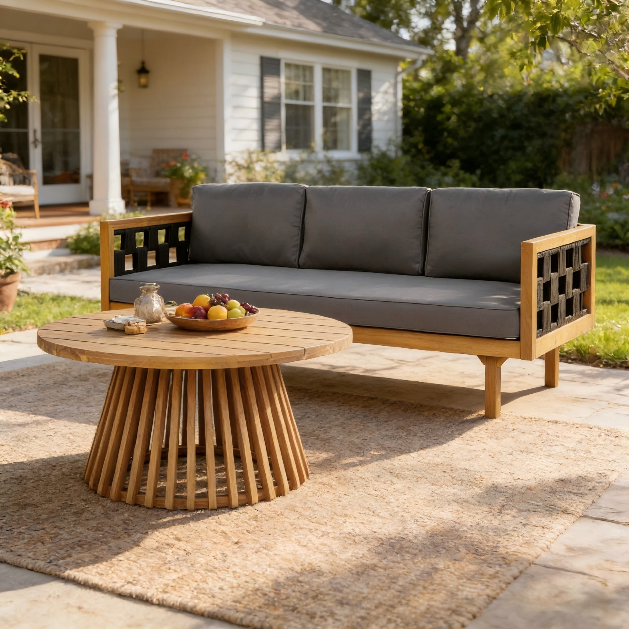 Christopher Knight Home Acacia Wood Outdoor 3 Seater Daybed with Teak Coffee Table, Dark Gray Cushion+Black Rope