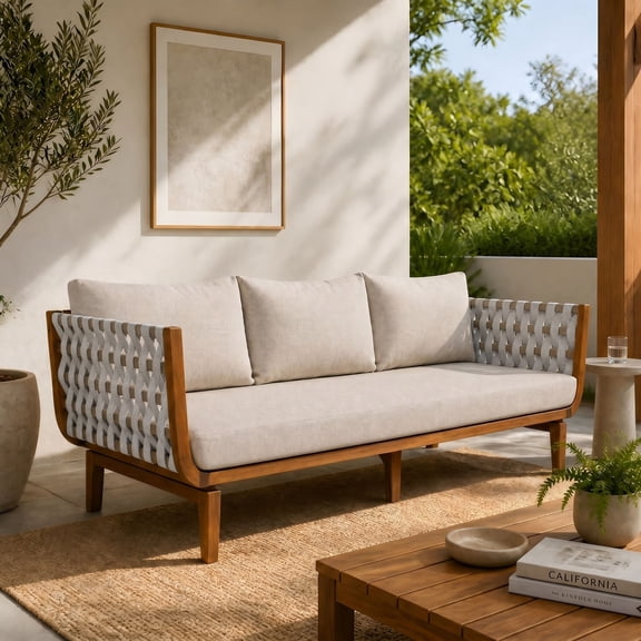 Christopher Knight Home Acacia Wood Outdoor 3-Seater Sofa with Rope Back and Cushions, Teak+Beige