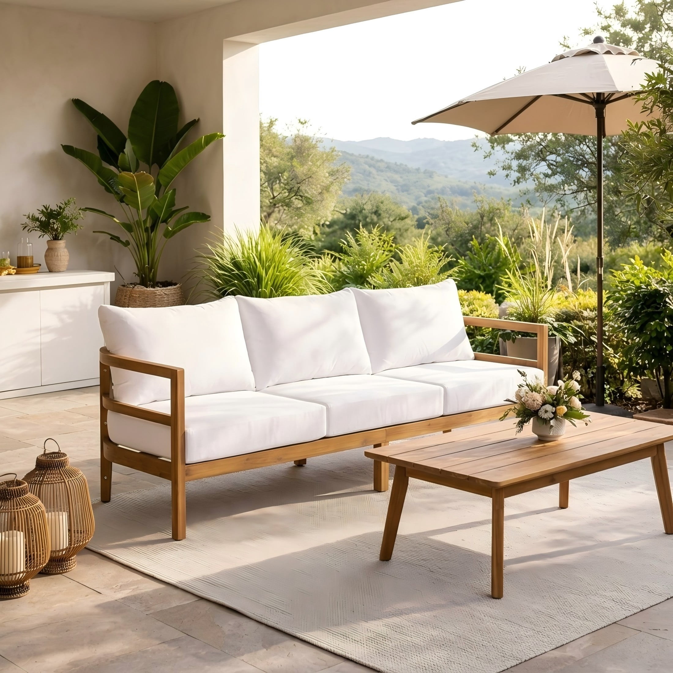 Christopher Knight Home Acacia Wood Outdoor 3-Seater Sofa with Water Resistant Cushions, Teak+White