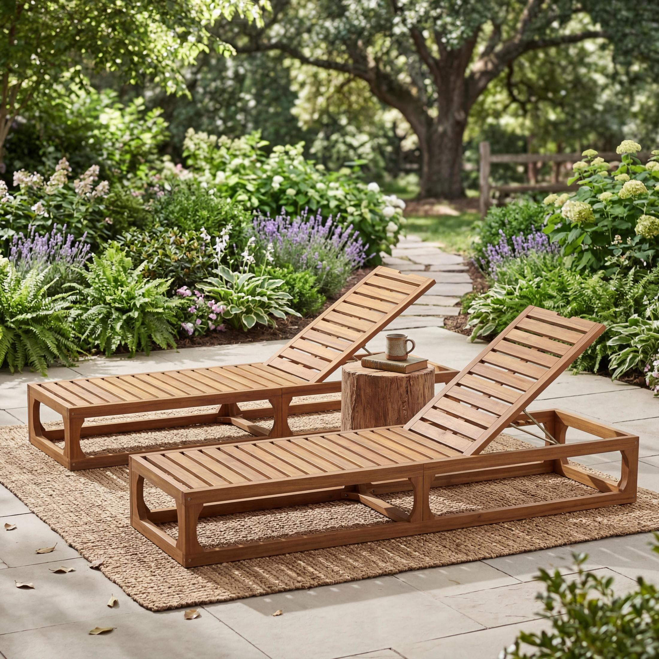 Christopher Knight Home Acacia Wood Outdoor Chaise Lounge, Adjustable Backrest, Natural, Set of 2