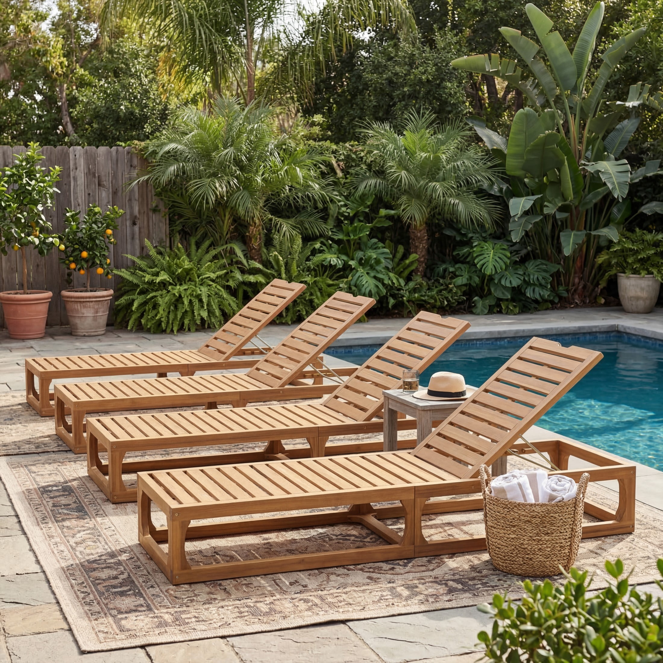 Christopher Knight Home Acacia Wood Outdoor Chaise Lounge, Adjustable Backrest, Natural, Set of 4