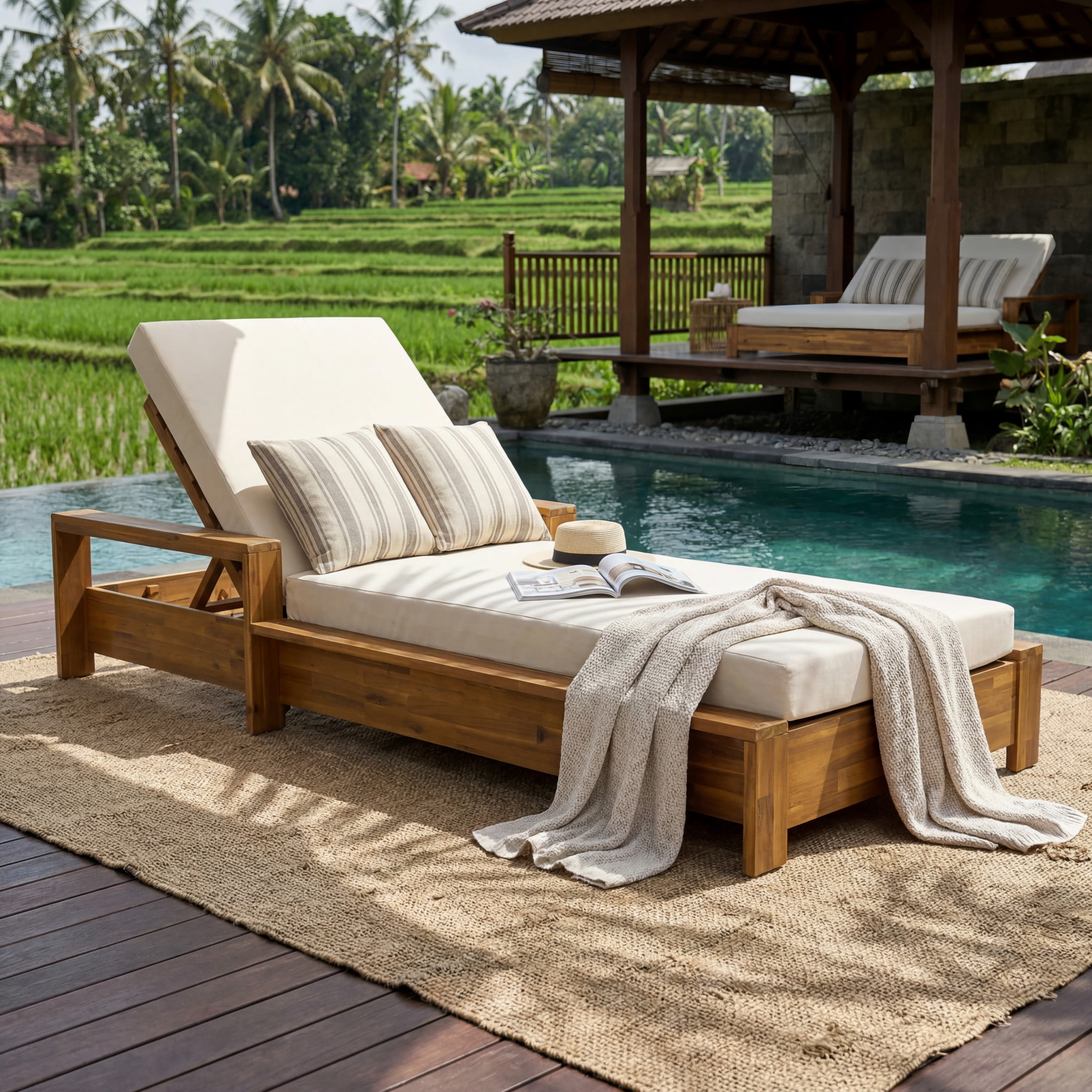 Christopher Knight Home Acacia Wood Outdoor Chaise Lounge Set with Armrests, 2-Fold Cushion, Teak + Cream