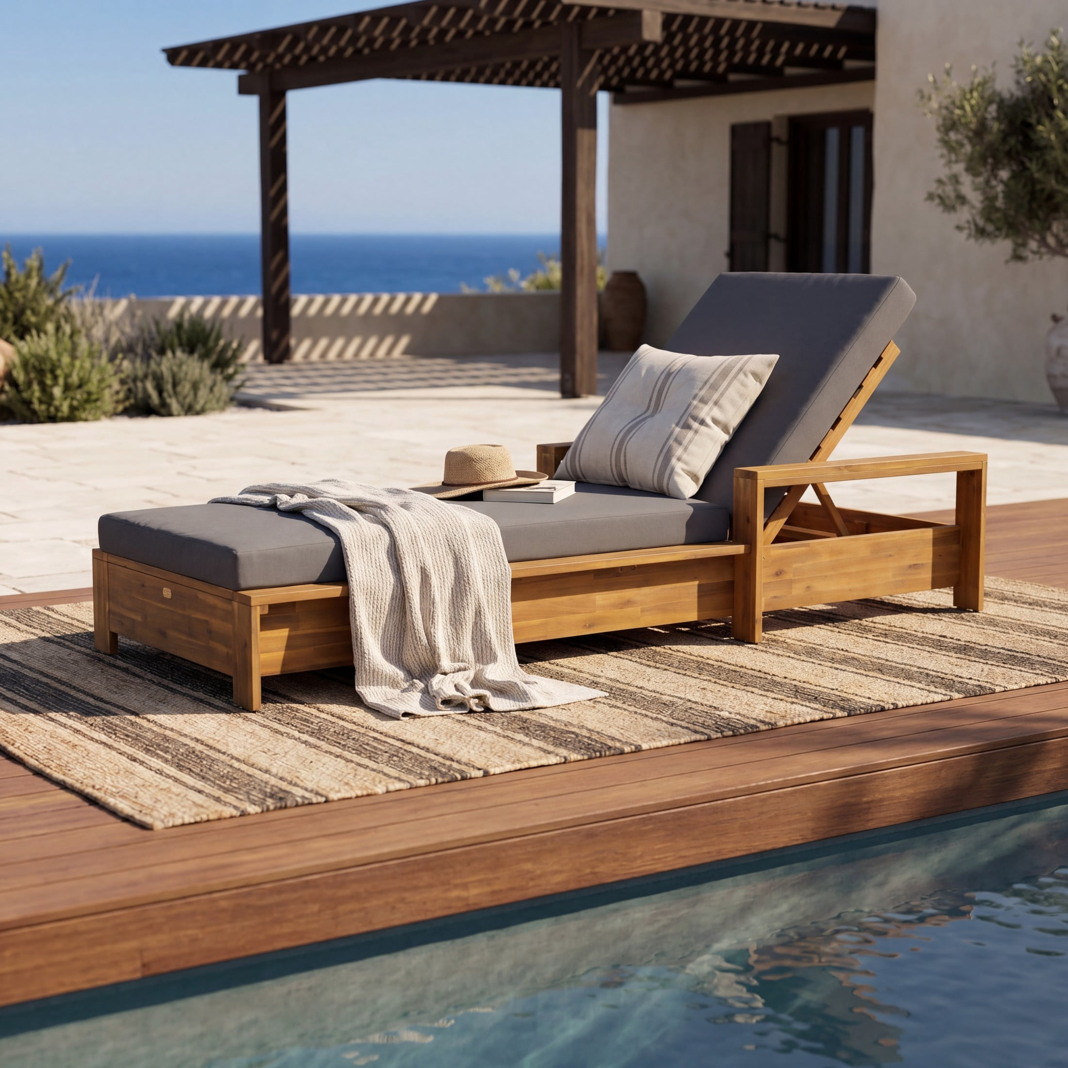 Christopher Knight Home Acacia Wood Outdoor Chaise Lounge Set with Armrests, 2-Fold Cushion, Teak + Dark Gray