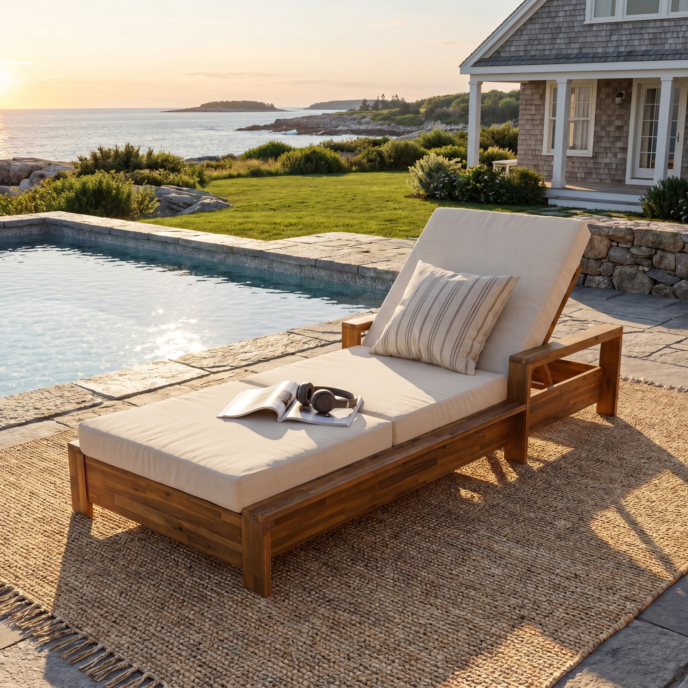 Christopher Knight Home Acacia Wood Outdoor Chaise Lounge Set with Armrests, 3-Fold Cushion, Teak + Cream