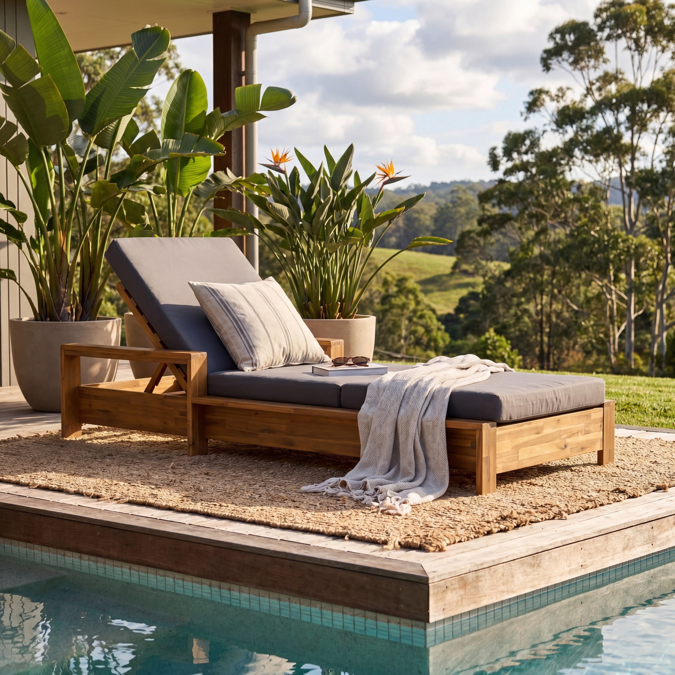 Christopher Knight Home Acacia Wood Outdoor Chaise Lounge Set with Armrests, 3-Fold Cushion, Teak + Dark Gray