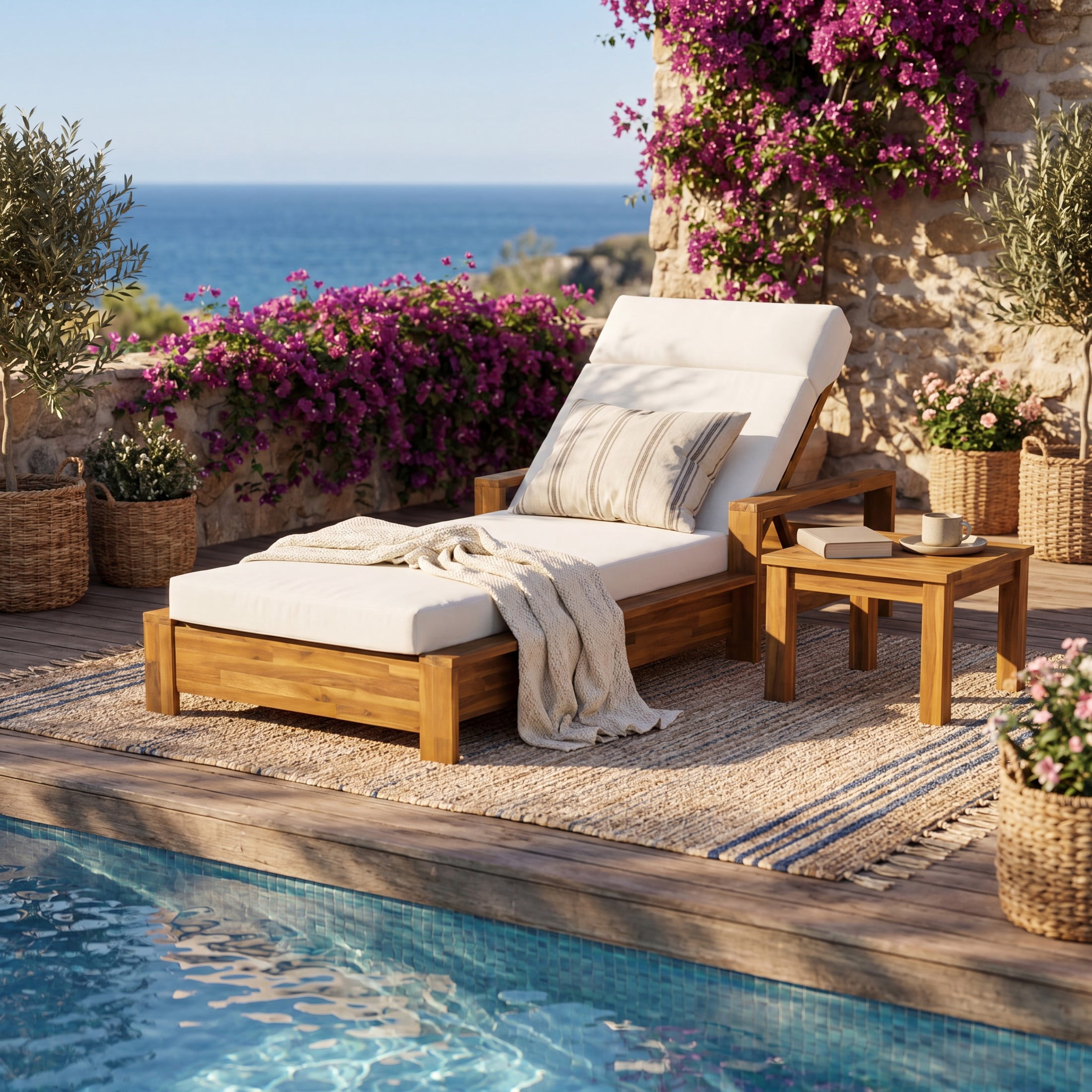 Christopher Knight Home Acacia Wood Outdoor Chaise Lounge Set with Armrests, 4-Fold Cushion, Teak + Beige