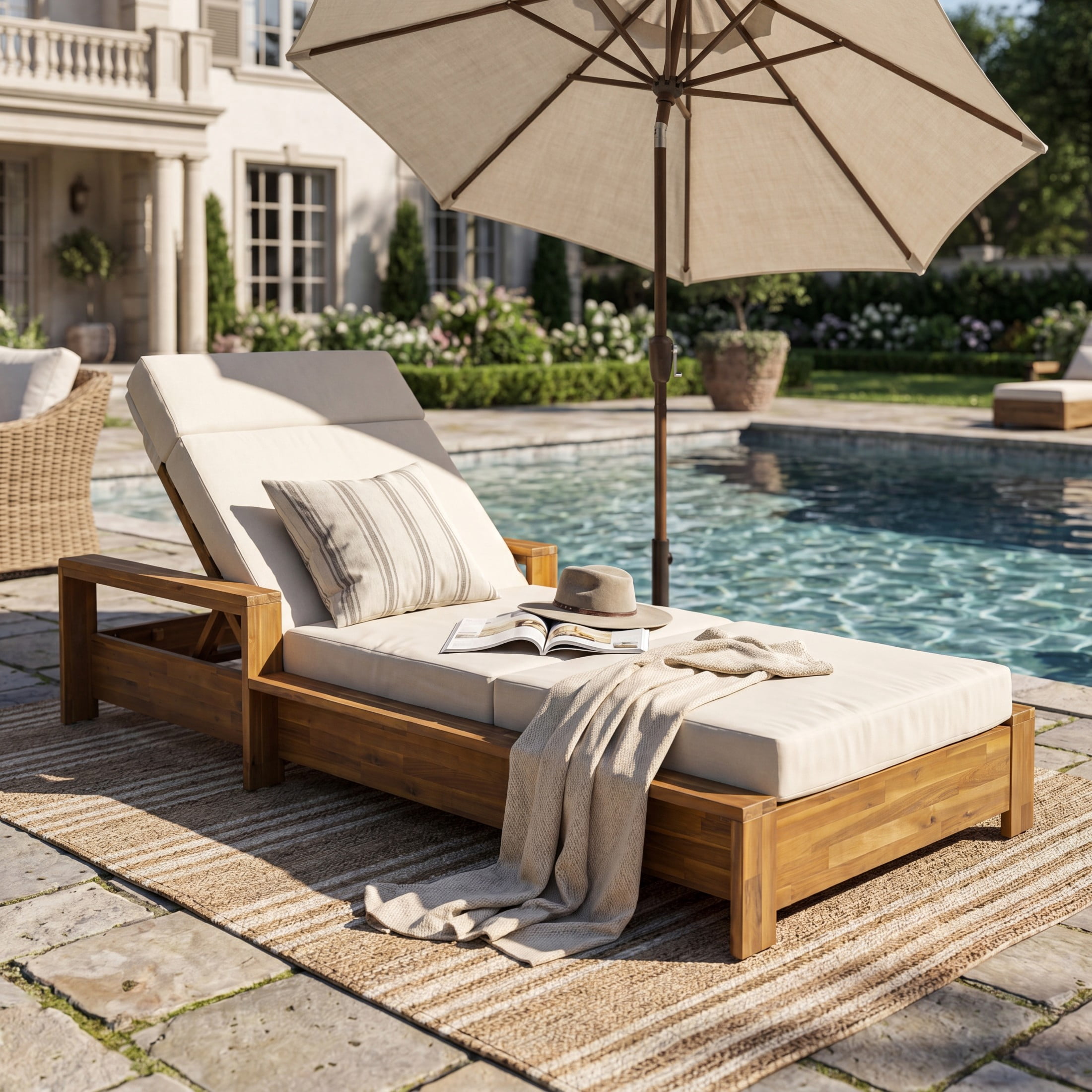 Christopher Knight Home Acacia Wood Outdoor Chaise Lounge Set with Armrests, 4-Fold Cushion, Teak + Cream