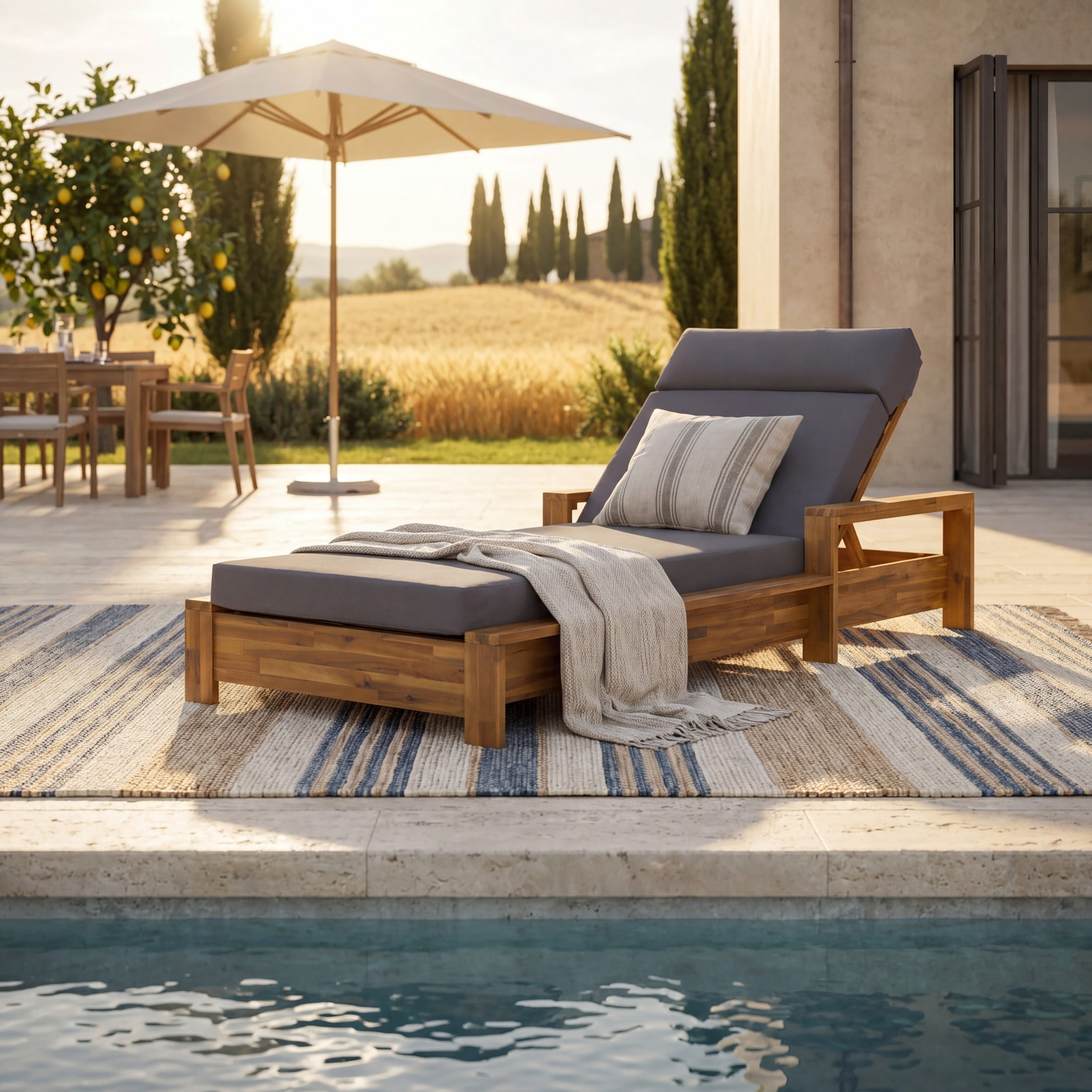 Christopher Knight Home Acacia Wood Outdoor Chaise Lounge Set with Armrests, 4-Fold Cushion, Teak + Dark Gray