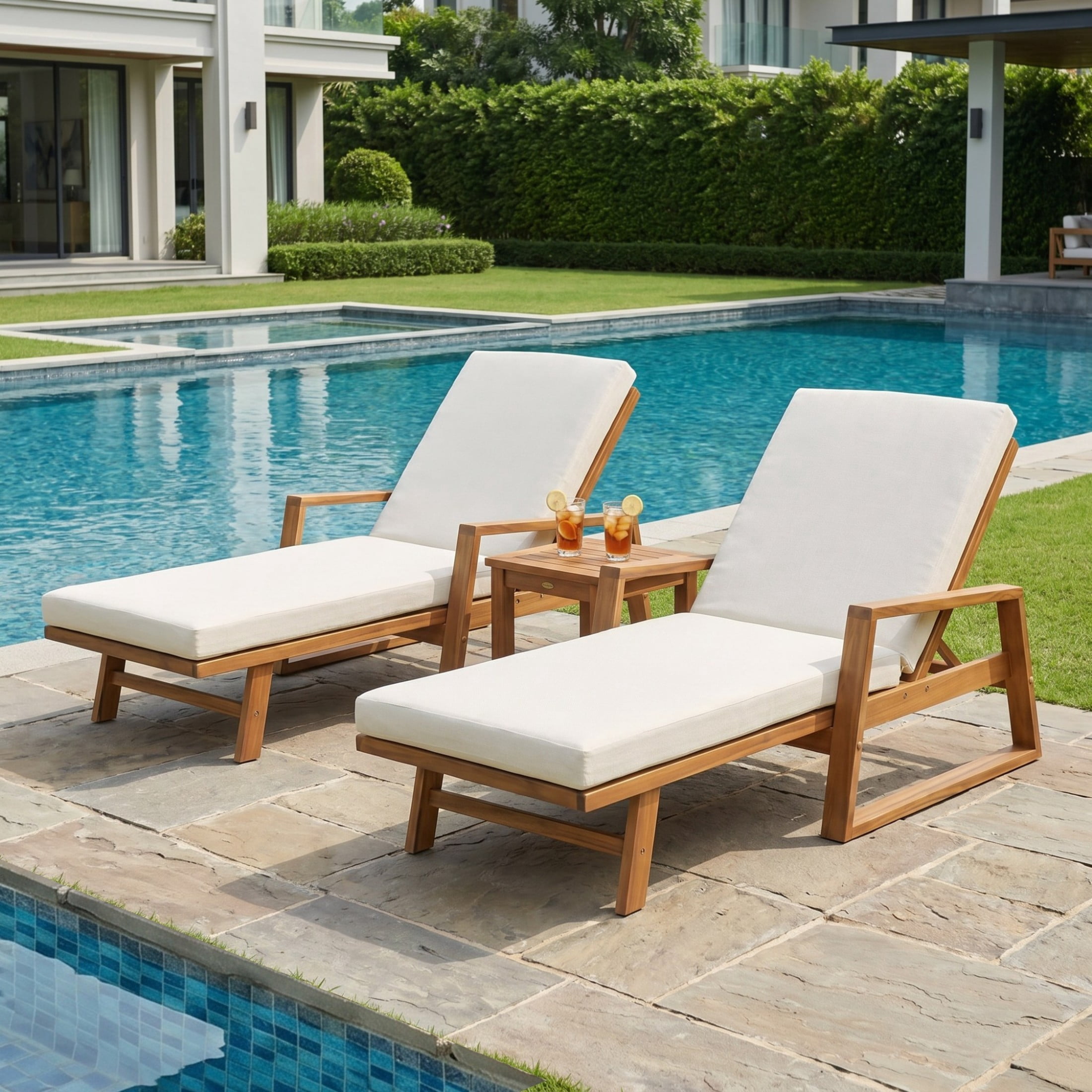 Christopher Knight Home Acacia Wood Outdoor Chaise Lounge with Adjustable Backrest and Cushion, Teak+Beige, Set of 2