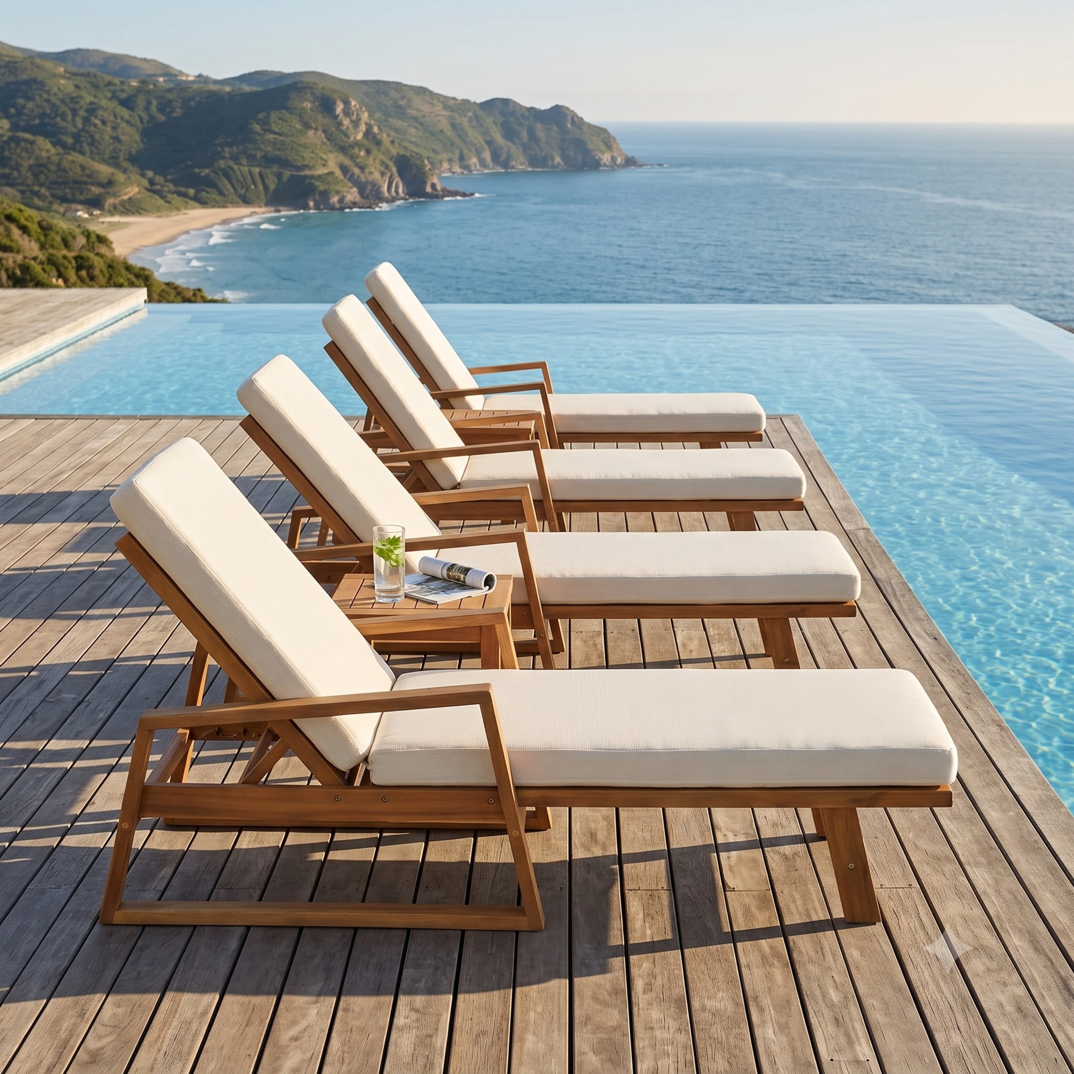 Christopher Knight Home Acacia Wood Outdoor Chaise Lounge with Adjustable Backrest and Cushion, Teak+Beige, Set of 4
