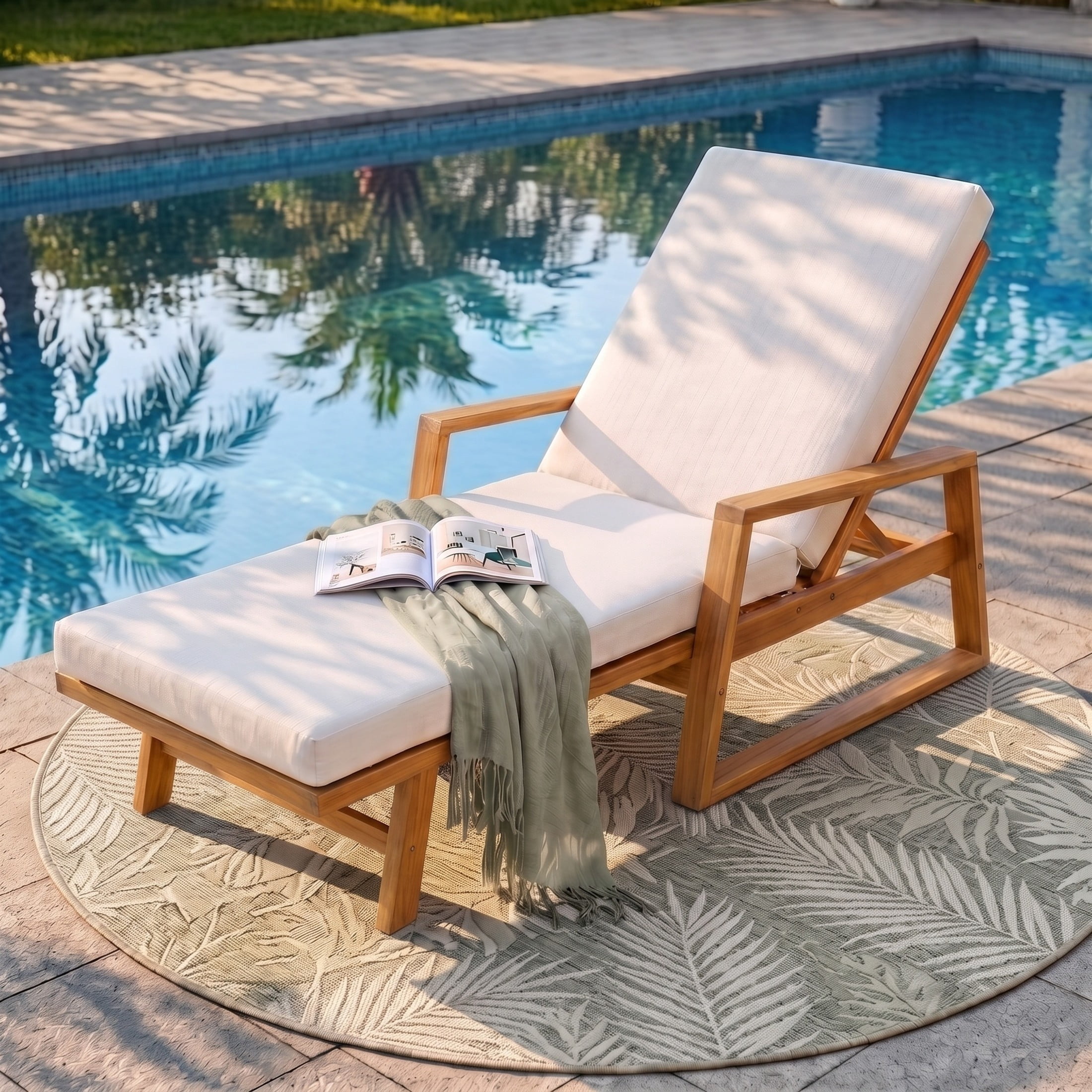 Christopher Knight Home Acacia Wood Outdoor Chaise Lounge with Adjustable Backrest and Cushion, Teak+Beige