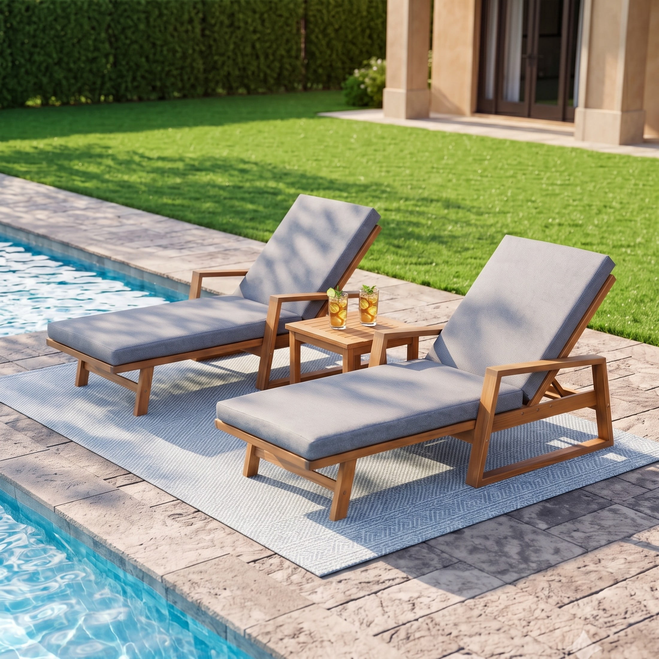 Christopher Knight Home Acacia Wood Outdoor Chaise Lounge with Adjustable Backrest and Cushion, Teak+Gray, Set of 2