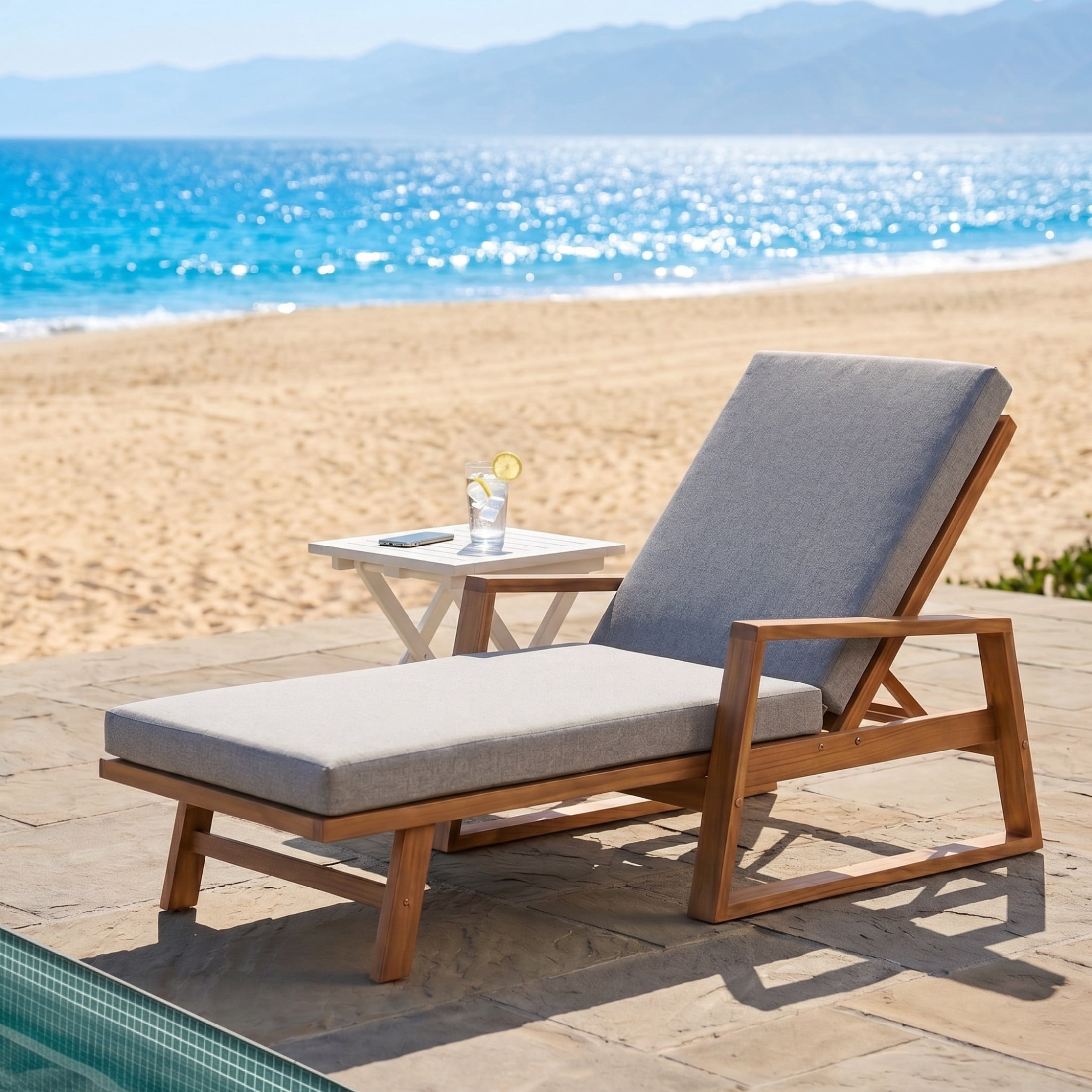Christopher Knight Home Acacia Wood Outdoor Chaise Lounge with Adjustable Backrest and Cushion, Teak+Gray