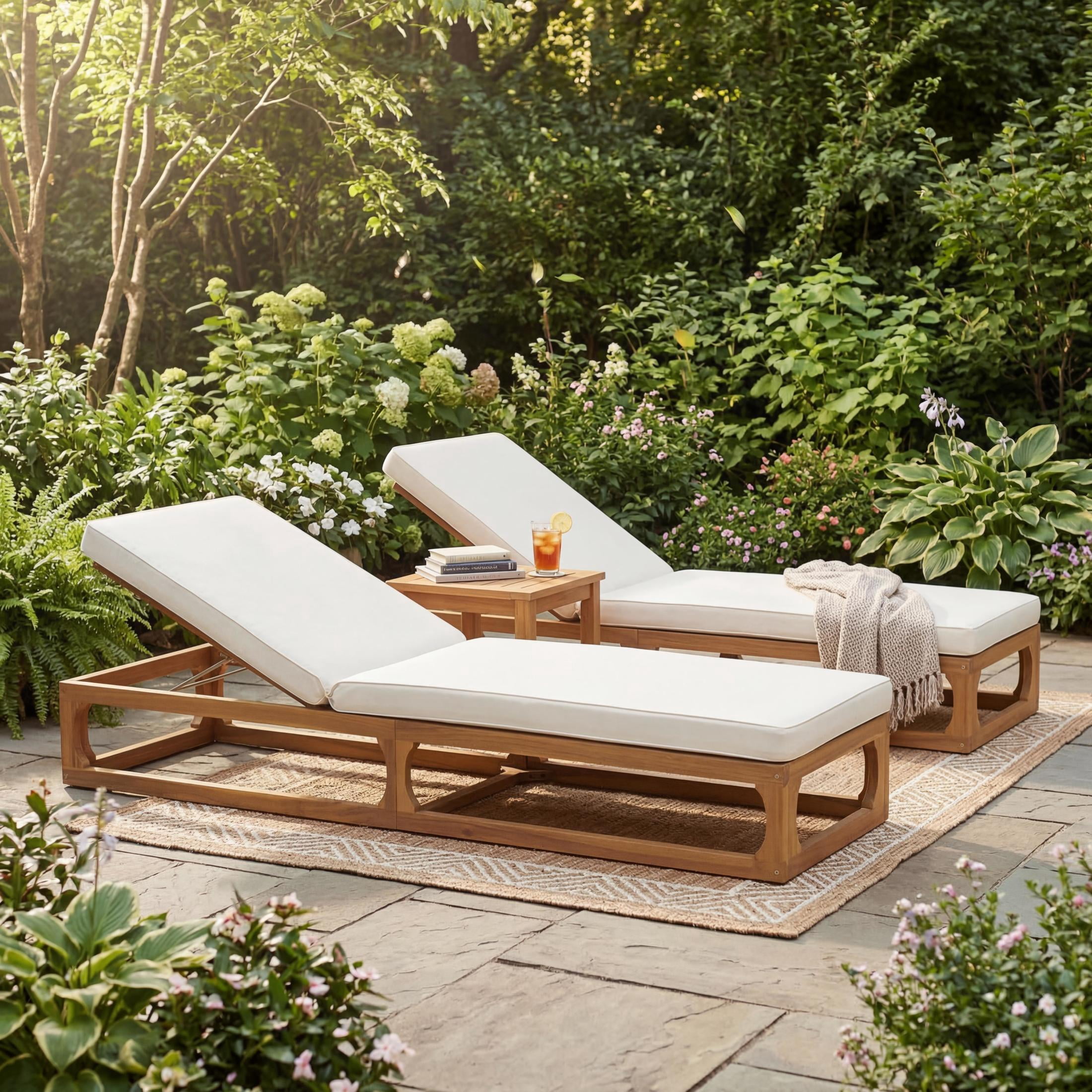 Christopher Knight Home Acacia Wood Outdoor Chaise Lounge with Cushion, Adjustable Backrest, Natural+Beige, Set of 2