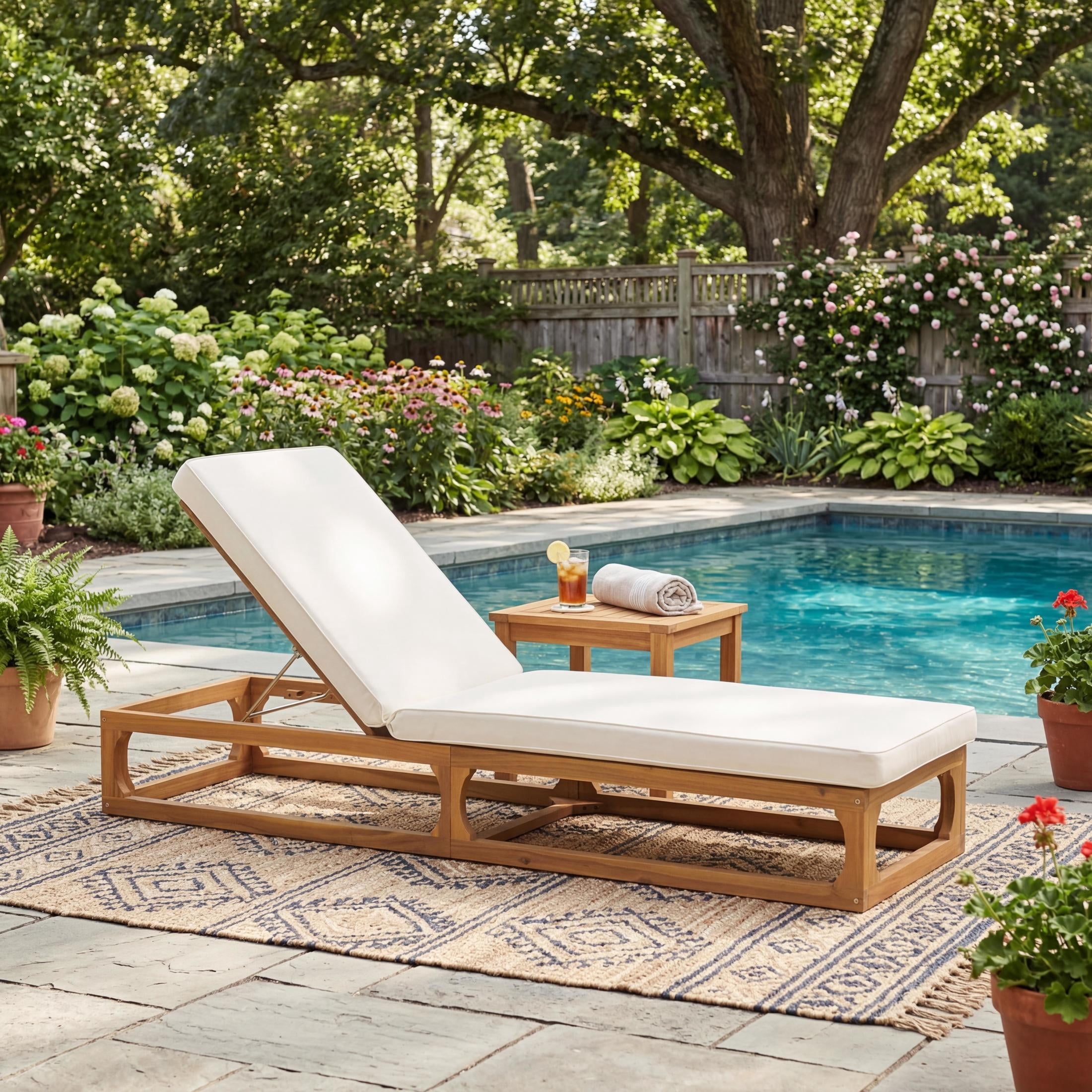 Christopher Knight Home Acacia Wood Outdoor Chaise Lounge with Cushion, Adjustable Backrest, Natural+Beige