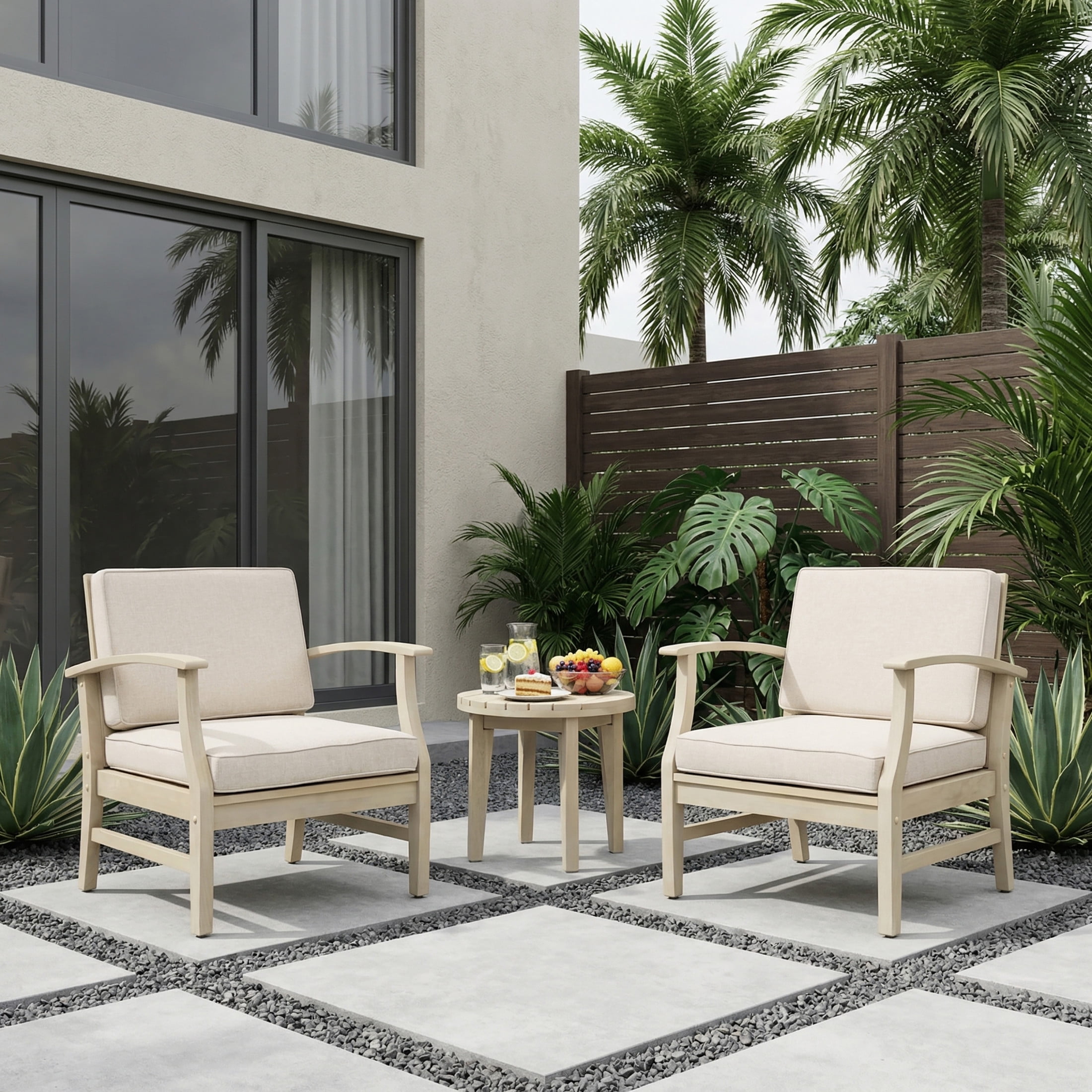 Christopher Knight Home Acacia Wood Outdoor Chat Set, Club Chairs with Cushions and Side Table, Light White