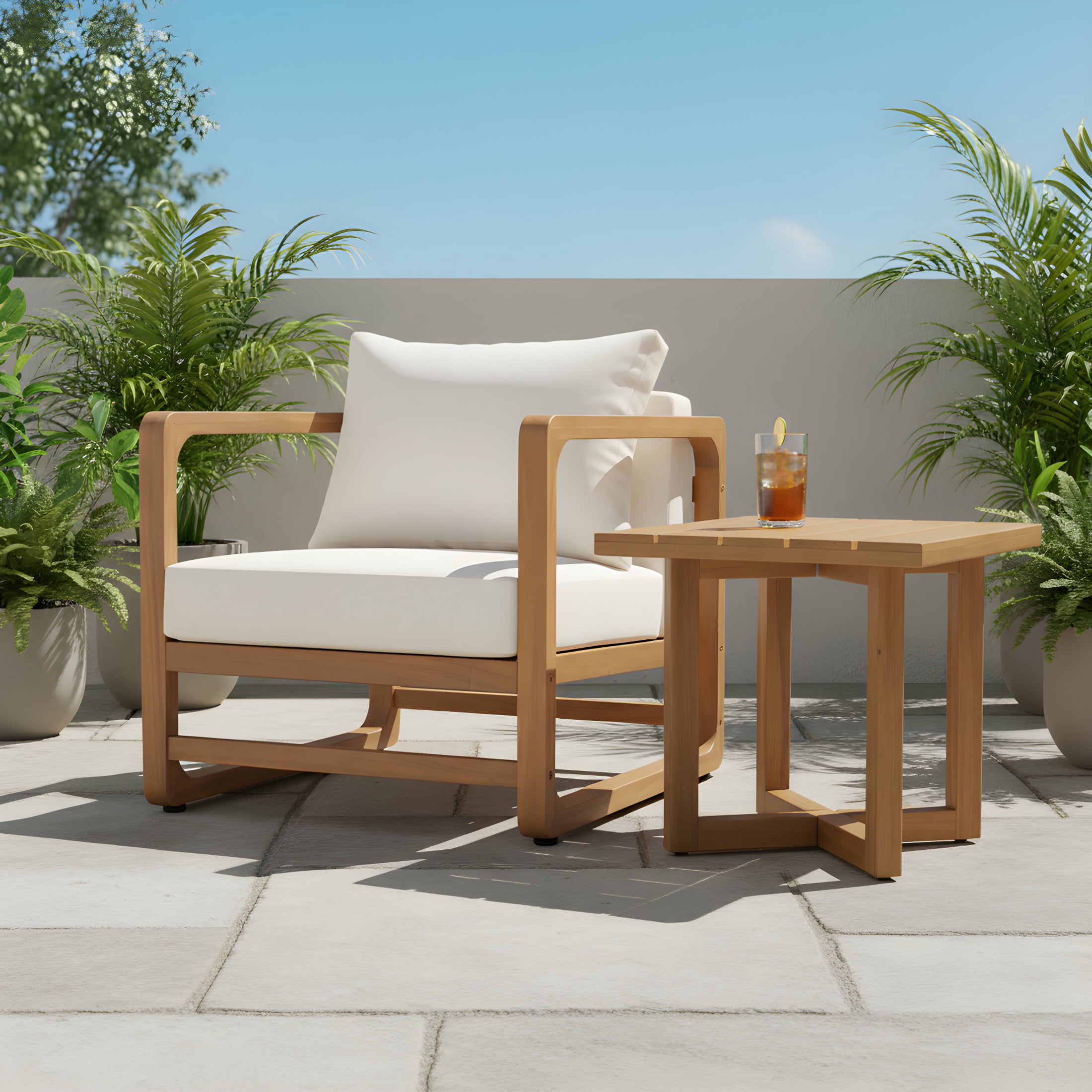 Christopher Knight Home Acacia Wood Outdoor Club Chair & Cross Stretcher Side Table Set, Beige Cushion