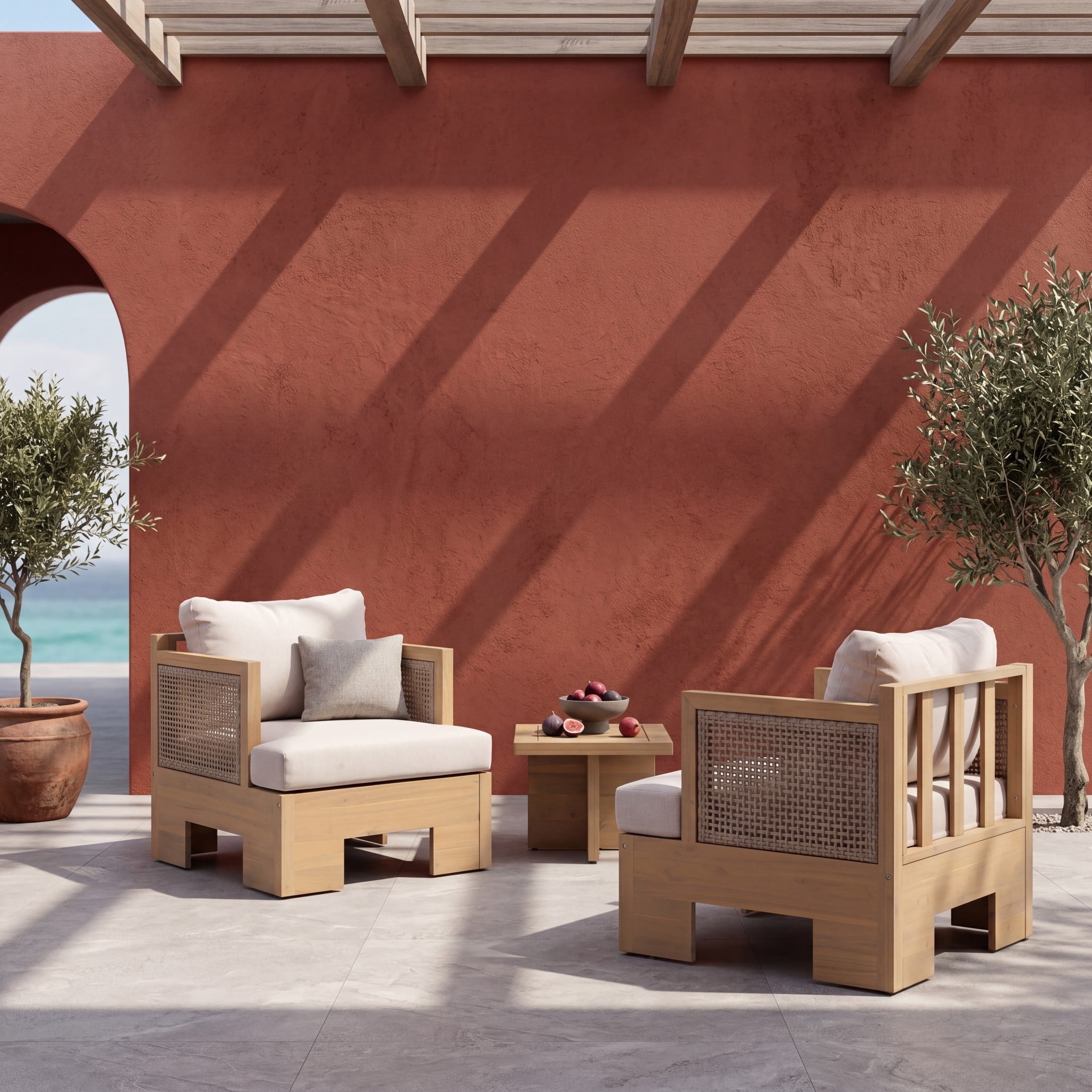 Christopher Knight Home Acacia Wood Outdoor Club Chair with Wicker Armrests, Beige Cushion, Light Teak, Set of 2