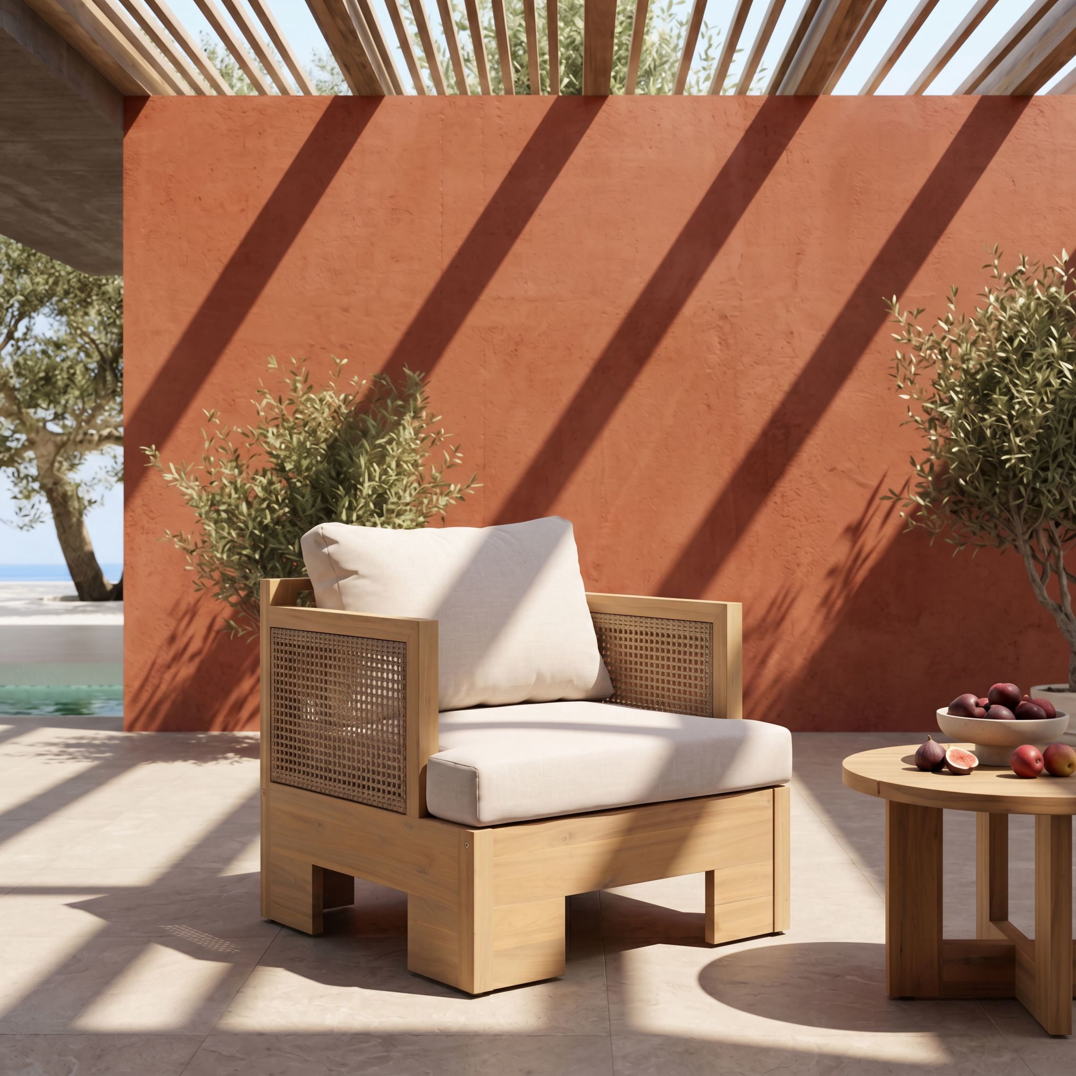 Christopher Knight Home Acacia Wood Outdoor Club Chair with Wicker Armrests, Beige Cushion, Light Teak
