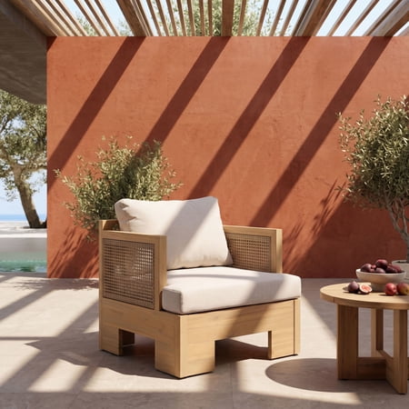Christopher Knight Home Acacia Wood Outdoor Club Chair with Wicker Armrests, Beige Cushion, Light Teak