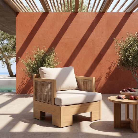 Christopher Knight Home Acacia Wood Outdoor Club Chair with Wicker Armrests, Beige Cushion, Light Teak