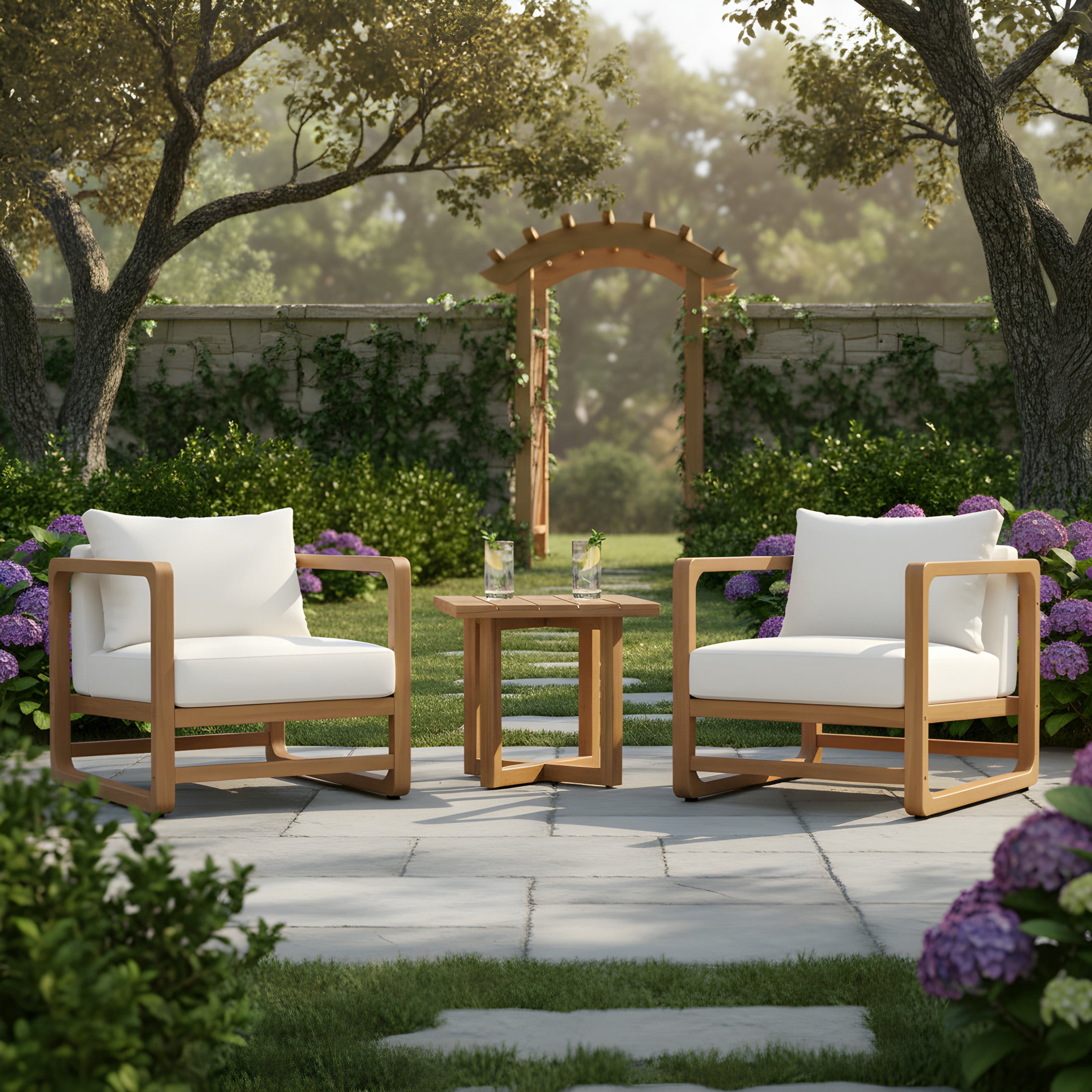Christopher Knight Home Acacia Wood Outdoor Club Chairs & Cross Stretcher Side Table Set, Beige Cushion